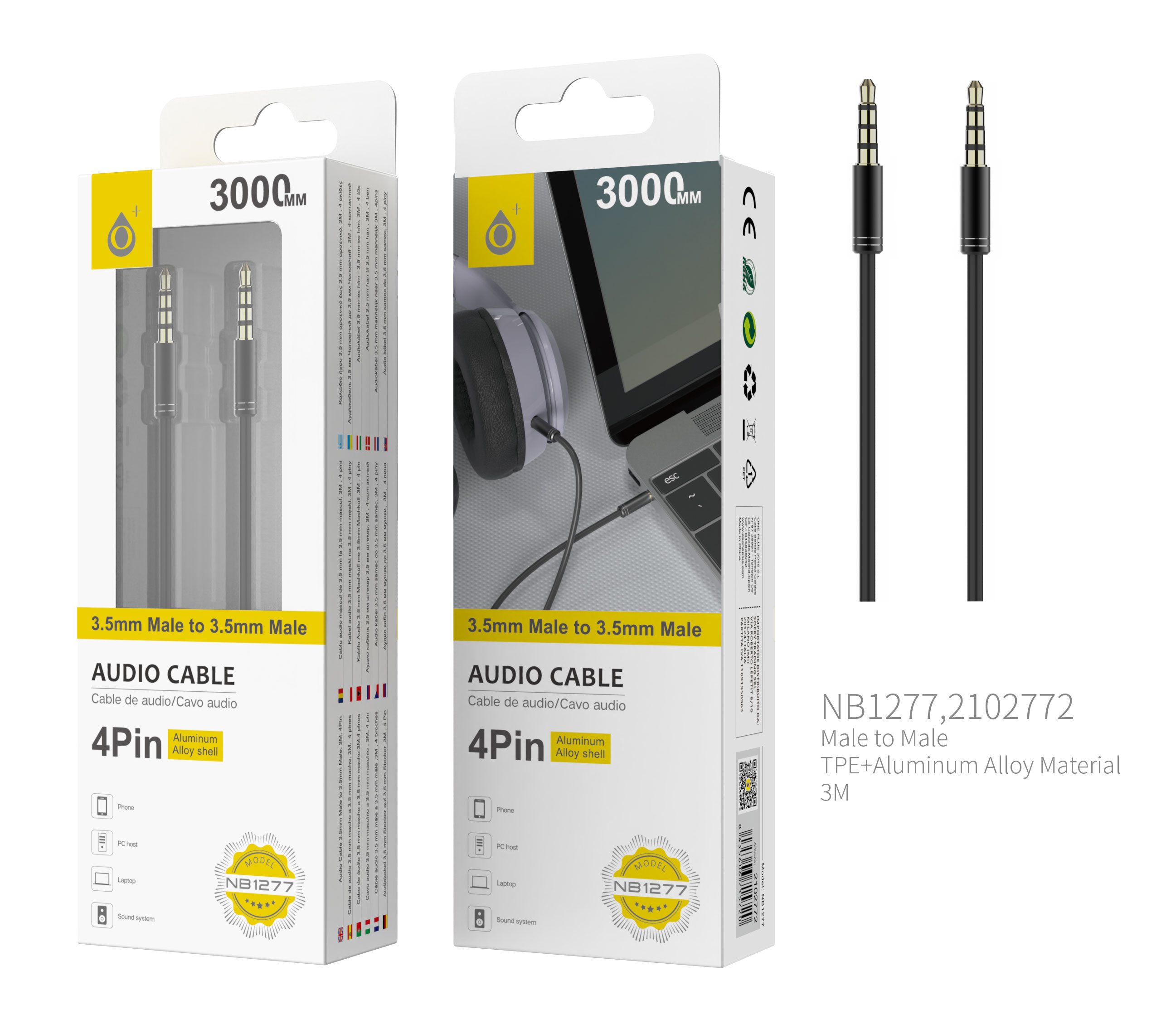 NB1277 NE Cable de Audio Fox de Aluminio de 3.5mm a 3.5mm Macho a Macho, 4Pin, Longitud 2 M, Negro