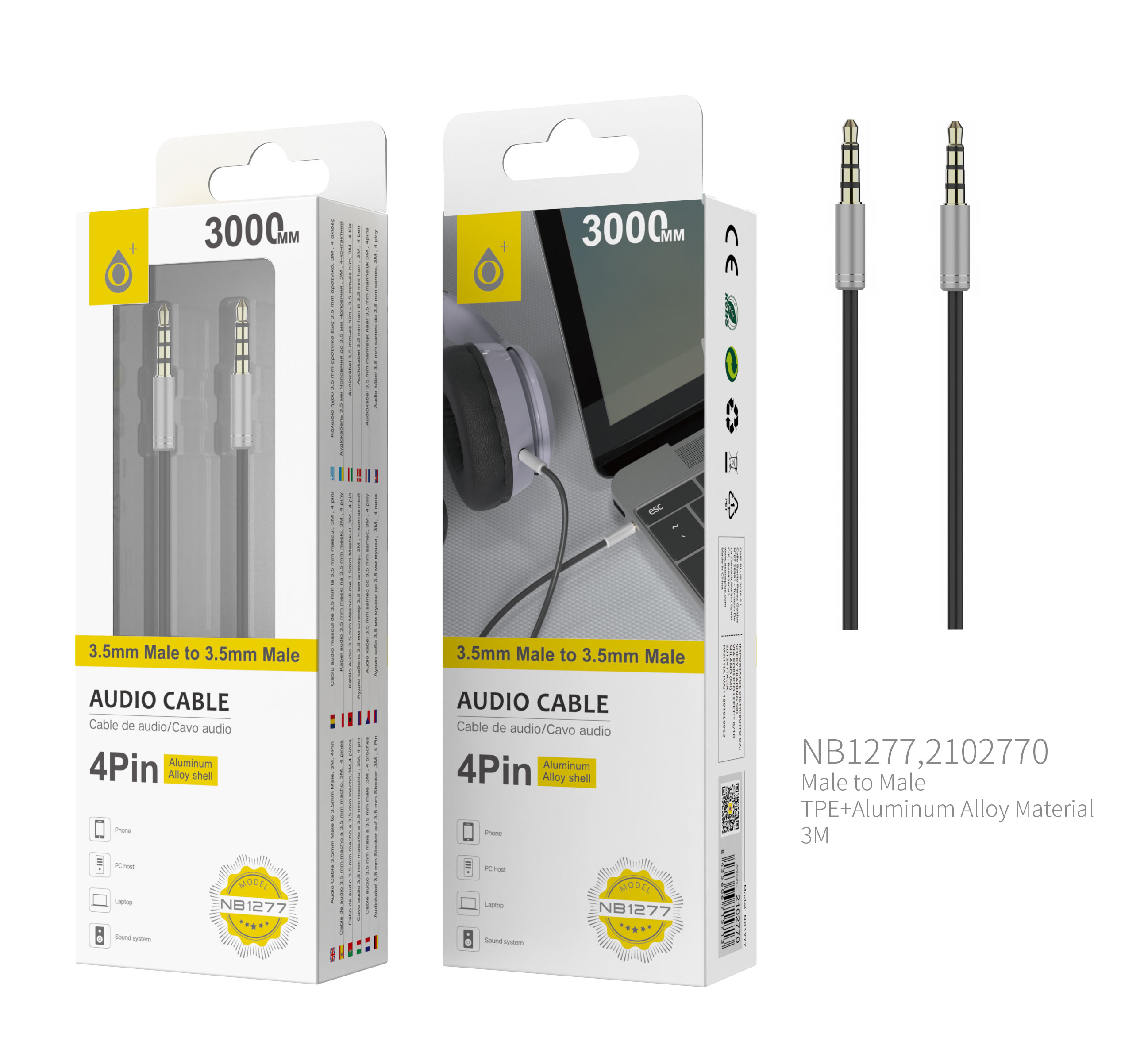 NB1277 PL Cable de Audio Fox de Aluminio de 3.5mm a 3.5mm Macho a Macho, 4Pin, Longitud 3 M, Plata