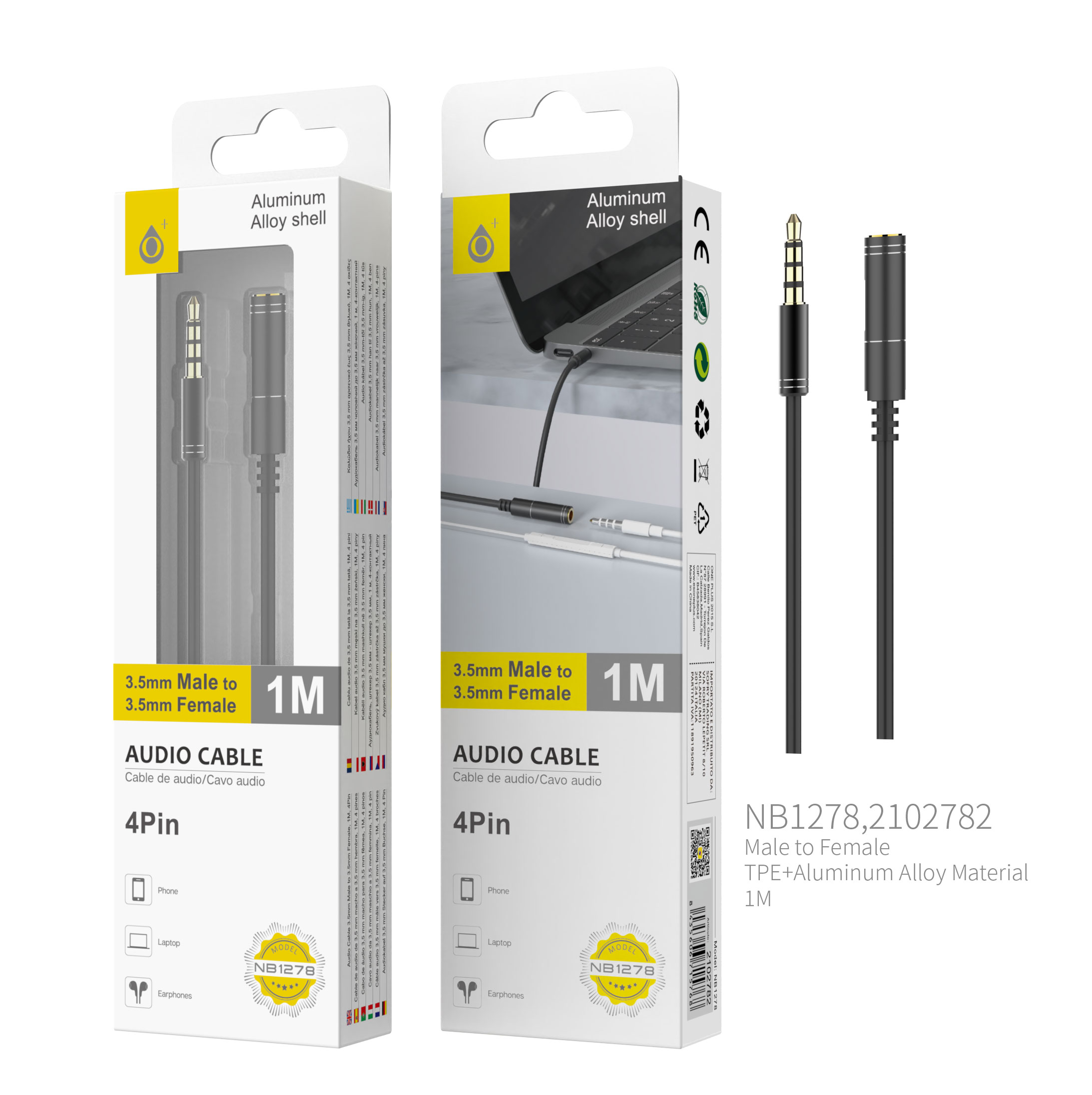 NB1278 NE Cable de Audio Fox de Aluminio de 3.5mm a 3.5mm Macho a Hembra, 4Pin, Longitud 1 M, Negro