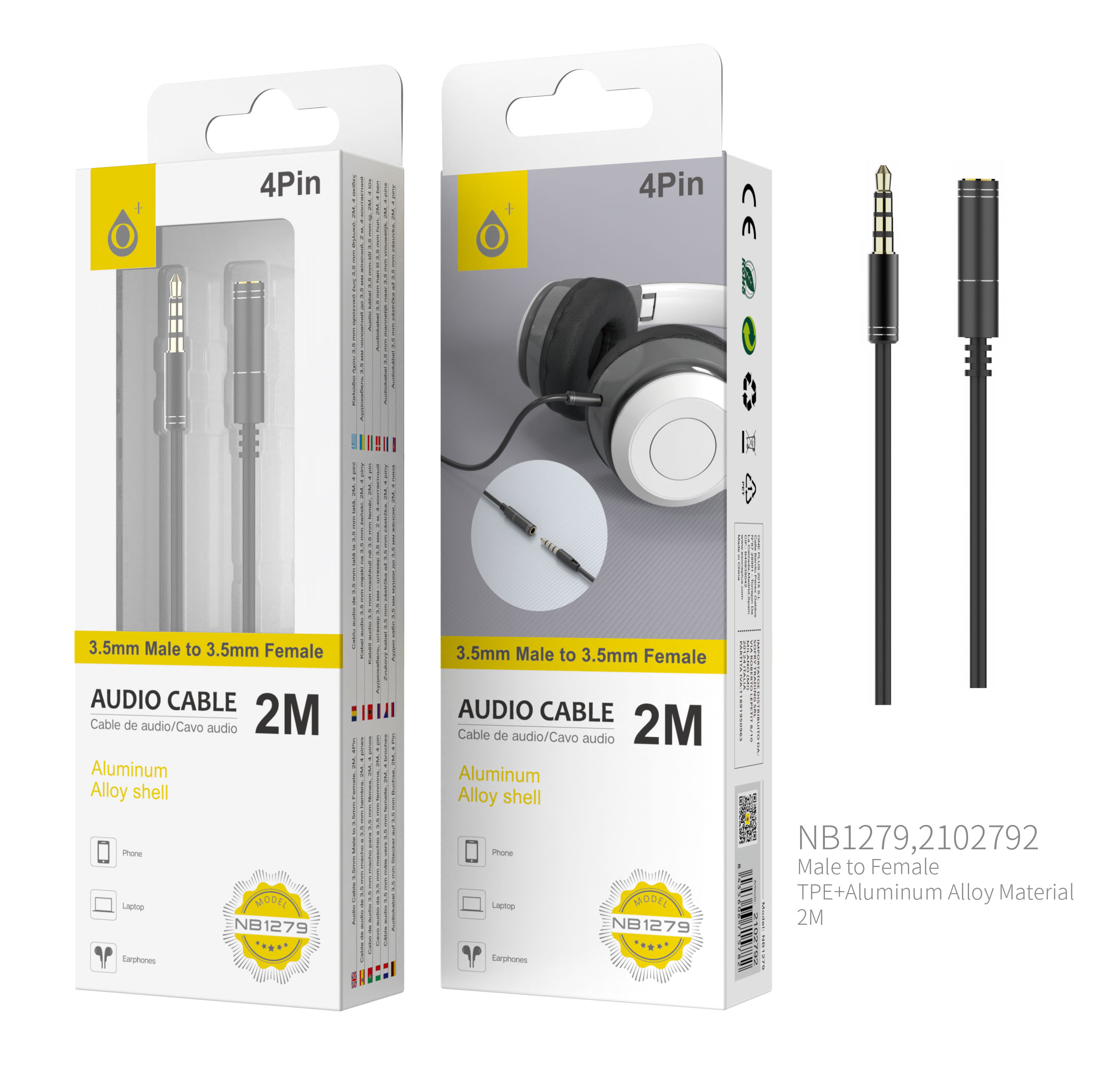 NB1279 NE Cable de Audio Fox de Aluminio de 3.5mm a 3.5mm Macho a Hembra, 4Pin, Longitud 2 M, Negro