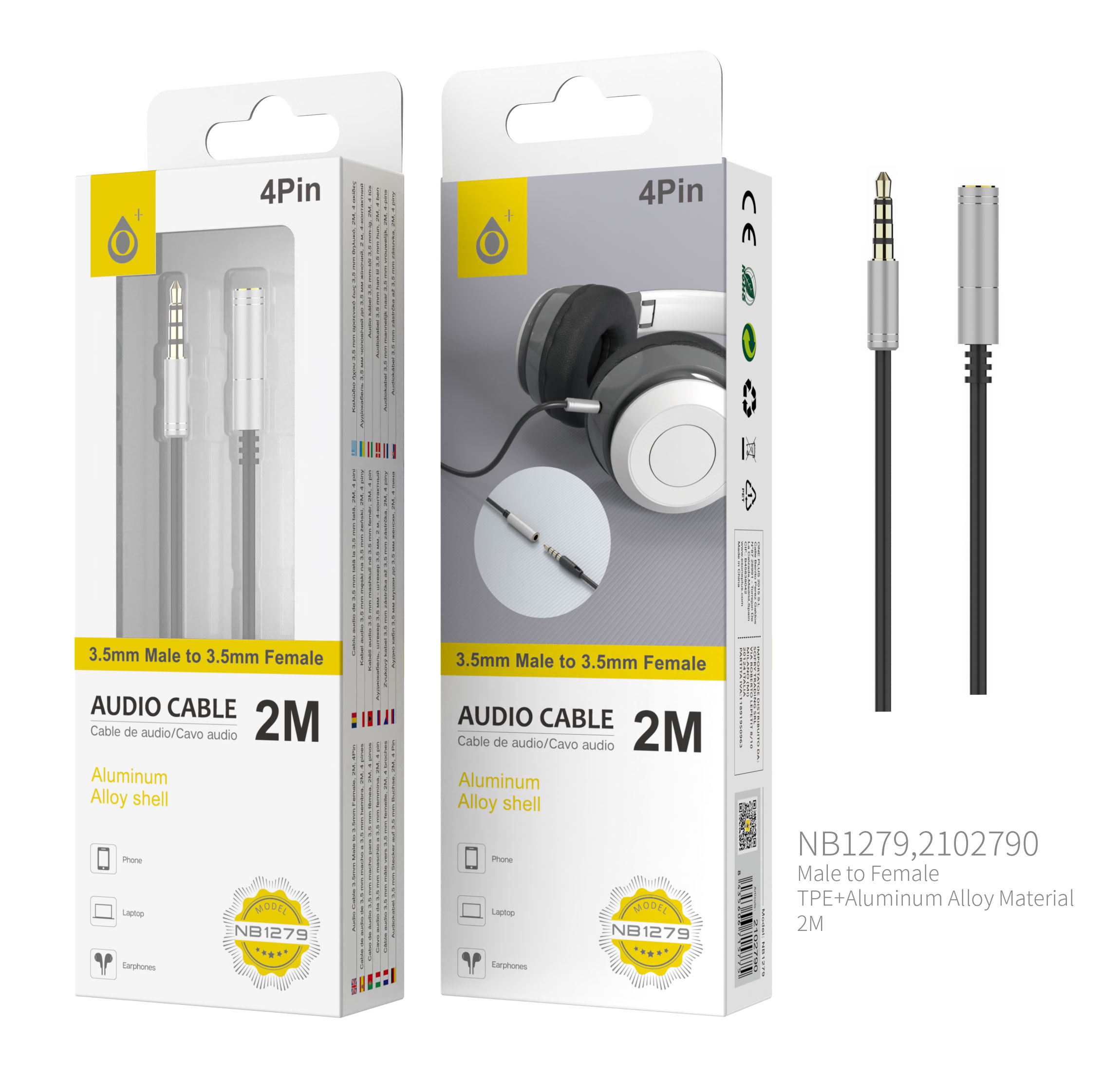 NB1279 PL Cable de Audio Fox de Aluminio de 3.5mm a 3.5mm Macho a Hembra, 4Pin, Longitud 2 M, Plata
