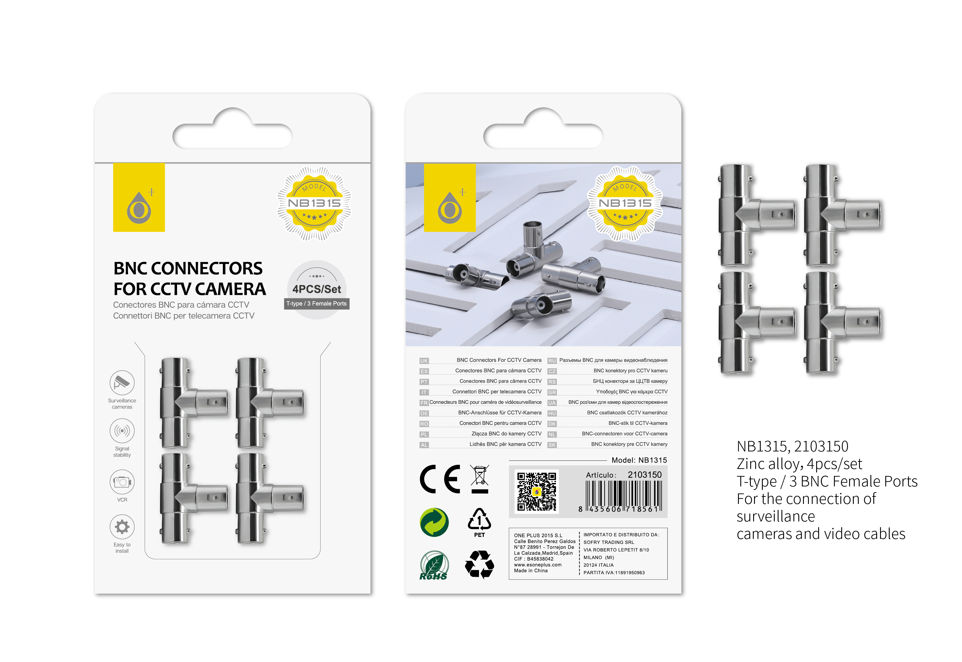 NB1315 PL Conector de BNC en forma de T para Camara CCTV,Plata