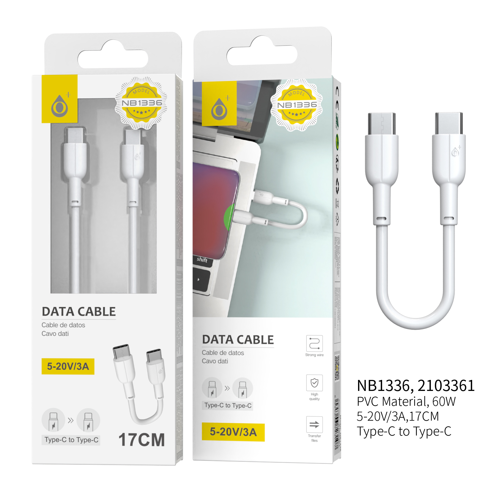 NB1336 BL Mini Cable de Datos para Type-C a Type-C ,  5-20V/3A Longitud 0.17CM, Blanco