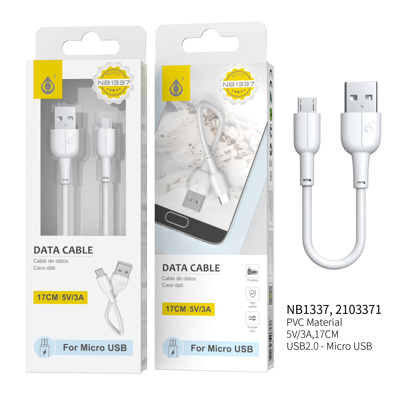 NB1337 BL Mini Cable de Datos para MicroUSB, 5/3A con Longitud 0.17CM, Blanco