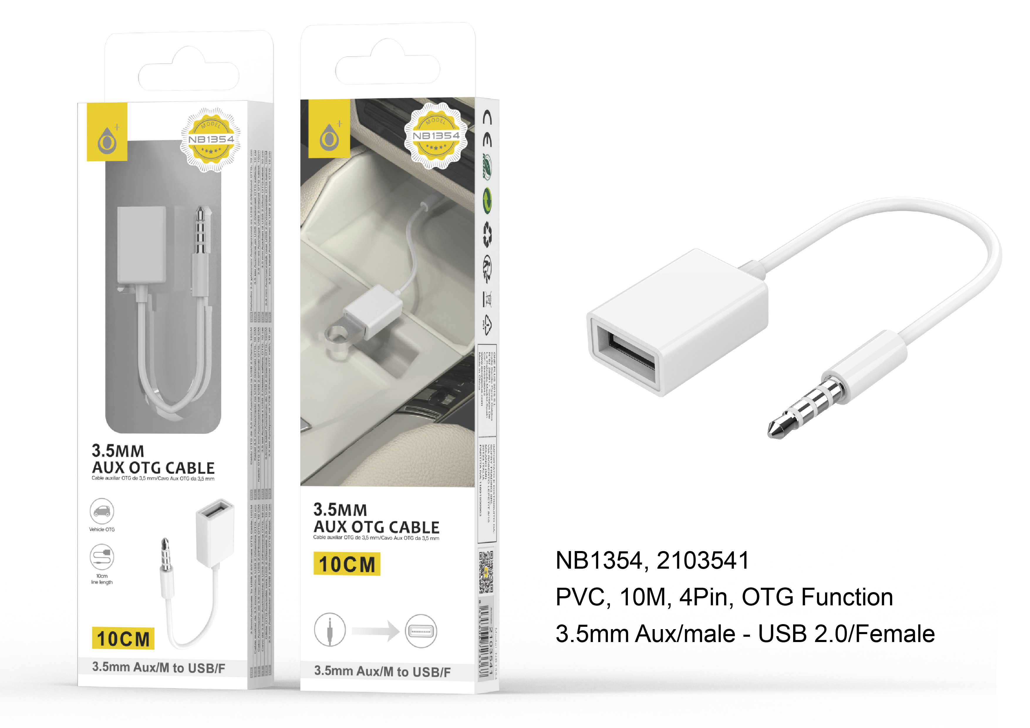 NB1354 BL Cable  Adaptador OTG, USB a AUX 3.5mm , 10cm, Blanco