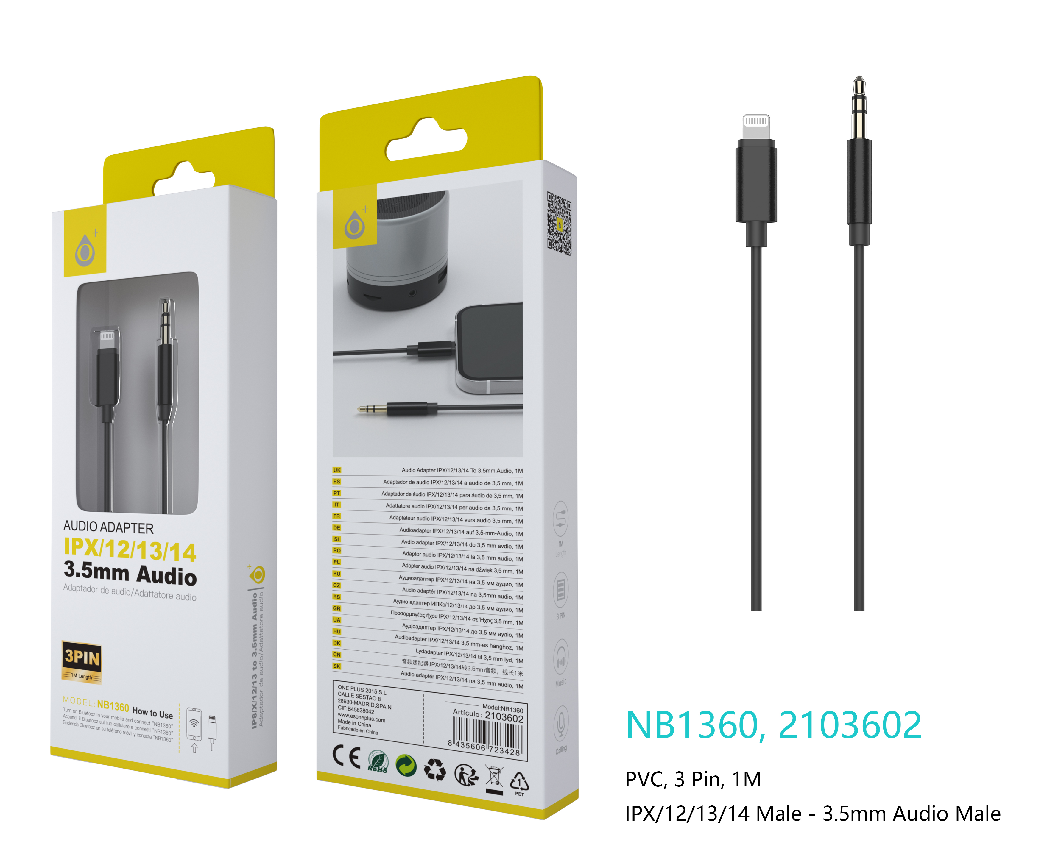 NB1360 NE Cable Adaptador Audio lightning a Jax 3.5mm ,1m ,Negro