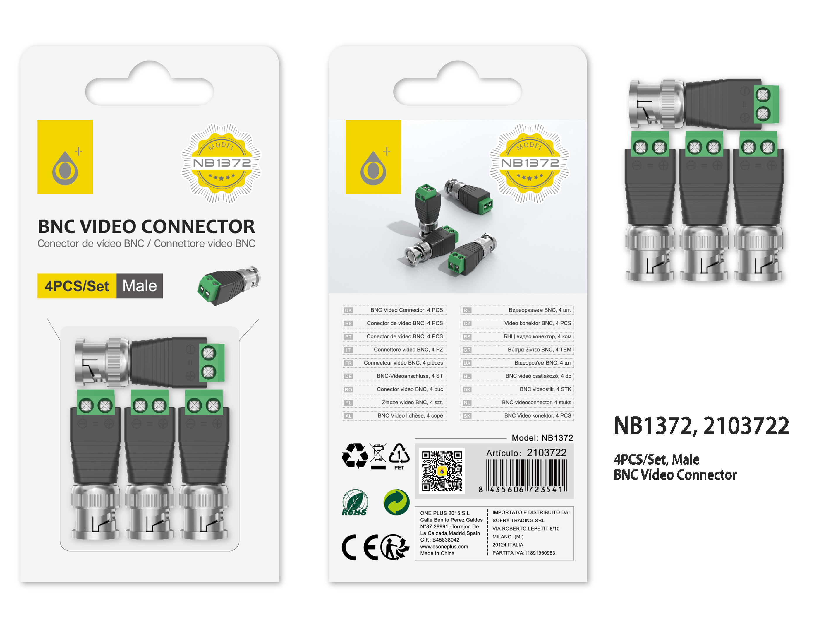 NB1372 NE Conector de Video BNC 4pcs,Negro