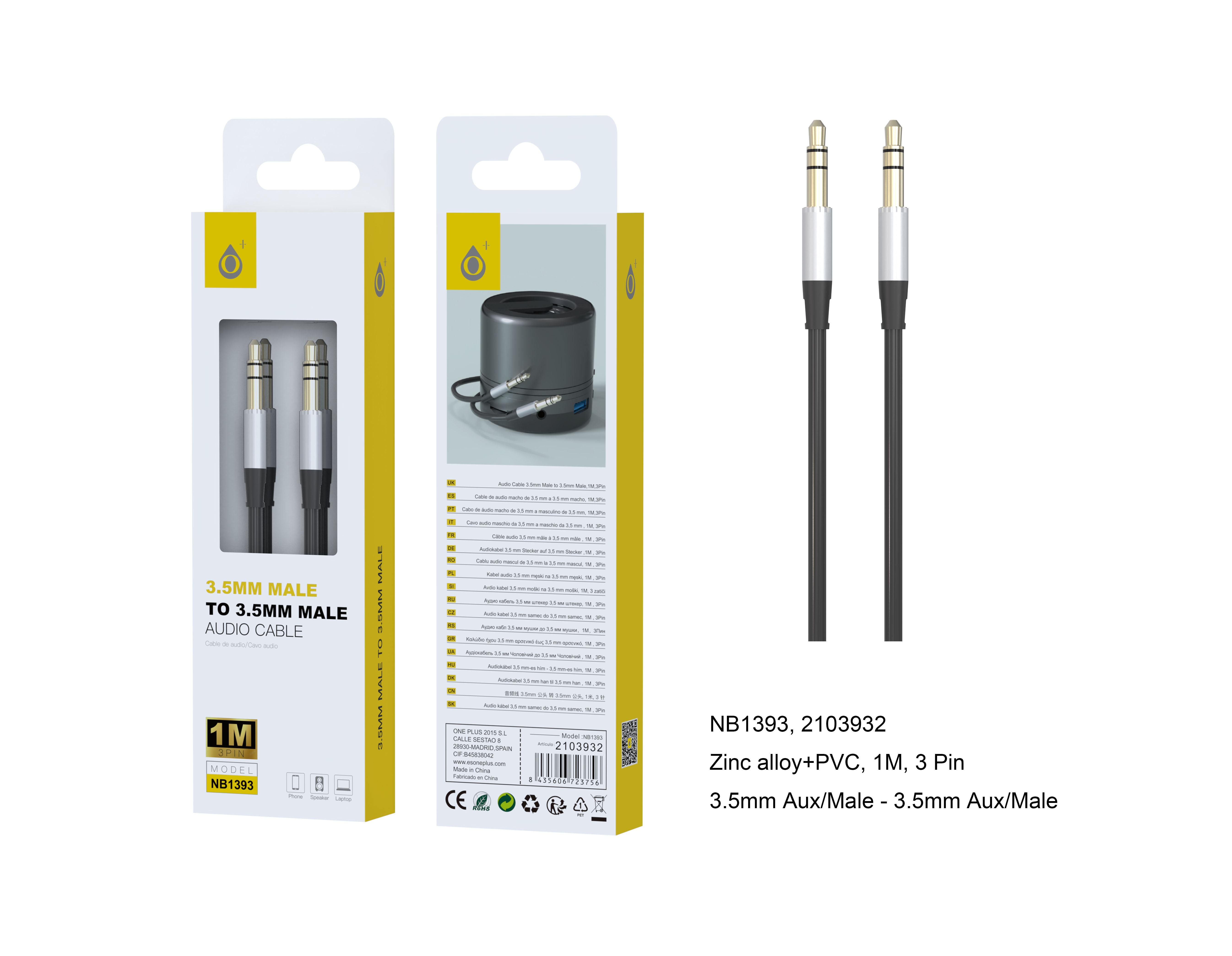 NB1393 NE+PT Cable de Zinc audio  3.5mm Macho a Macho, Cable  1m, Negro+Plata