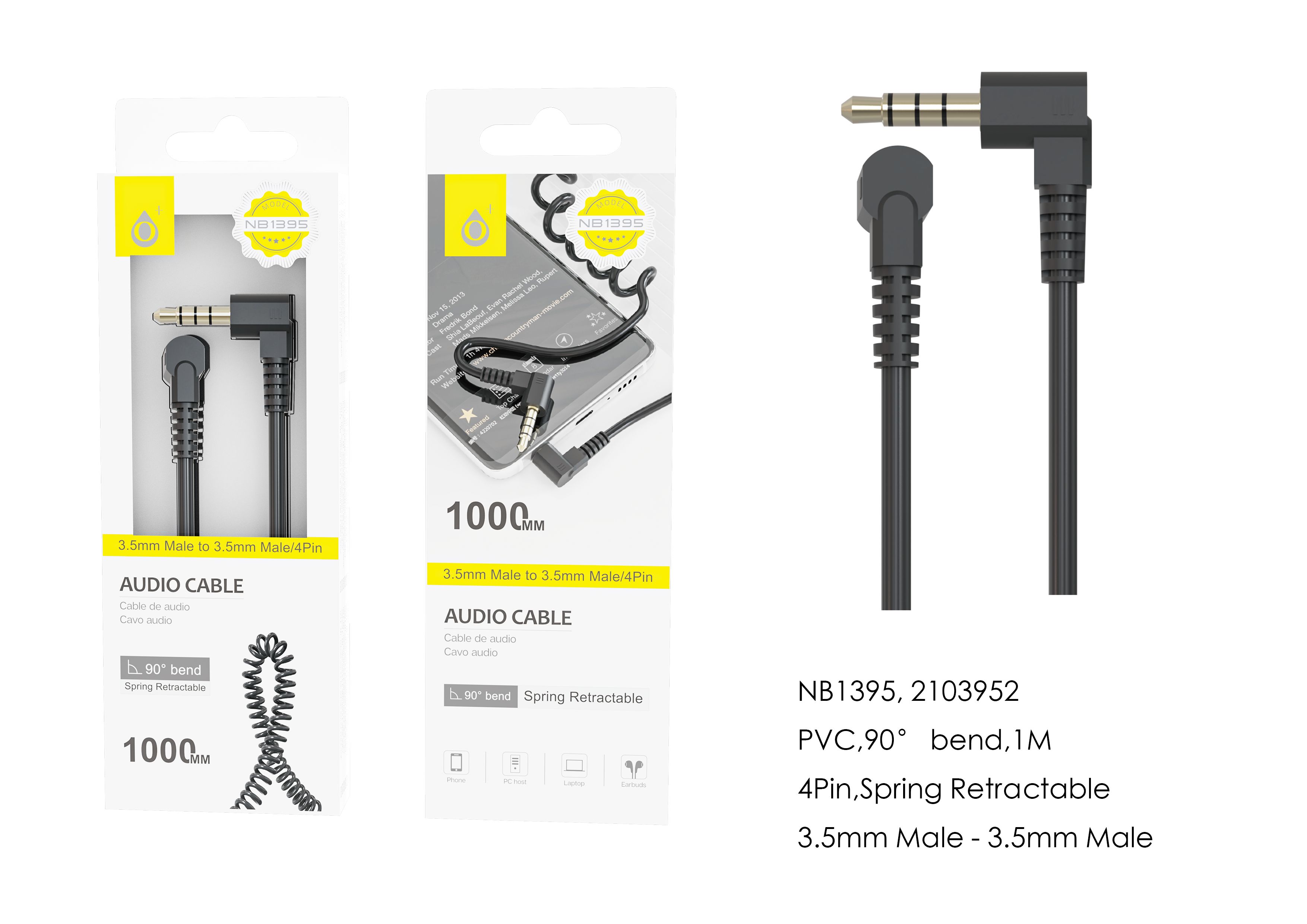 NB1395 NE Cable de Audio en espiral 4Pin (Macho a Macho), Clavija de Jack 3.5mm en 90°, Cable 1m, Negro