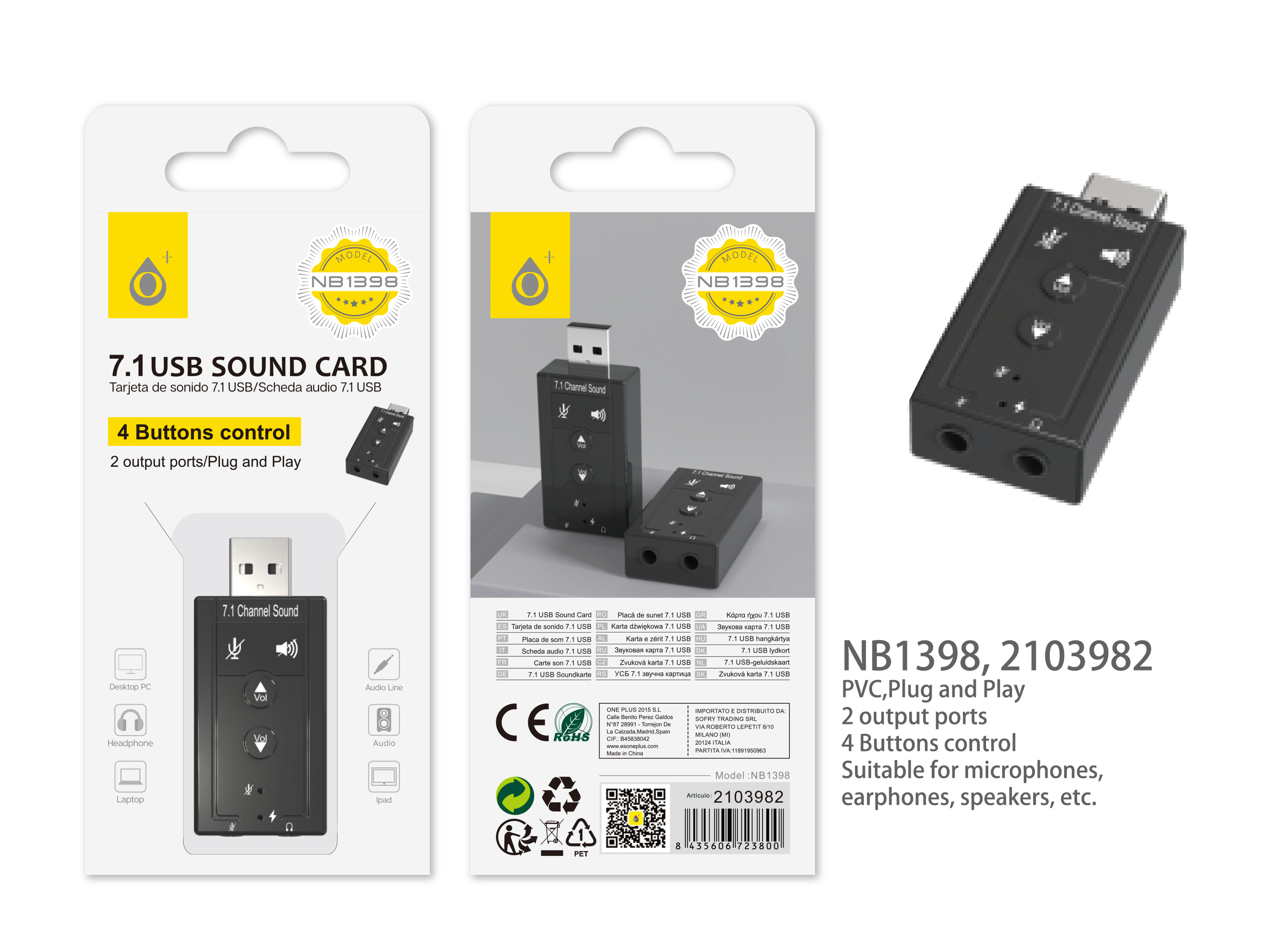 NB1398 NE Tarjeta USB de Sonido/Audio externo   7.1, con boton de control, 2 Salida de Jack ,Negro