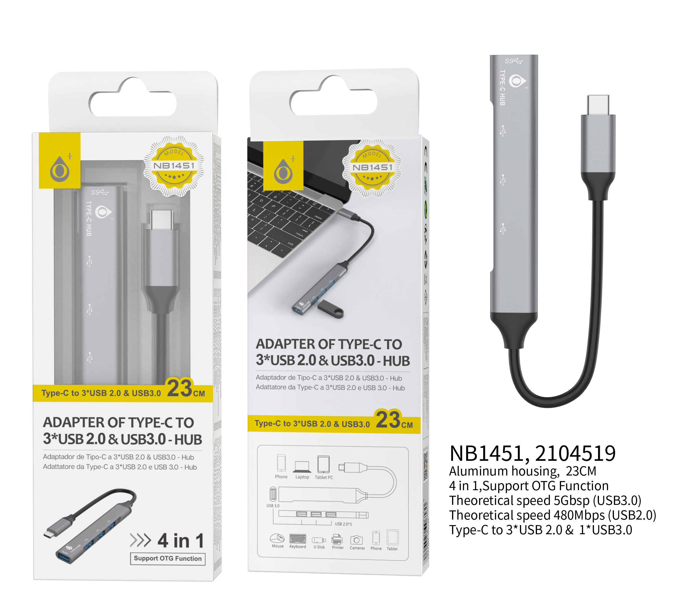 NB1451 GR Cable de Hub Type-C  OTG Multifuncion  4 en 1  , USB 2.0*3 +USB 3.0, Gris