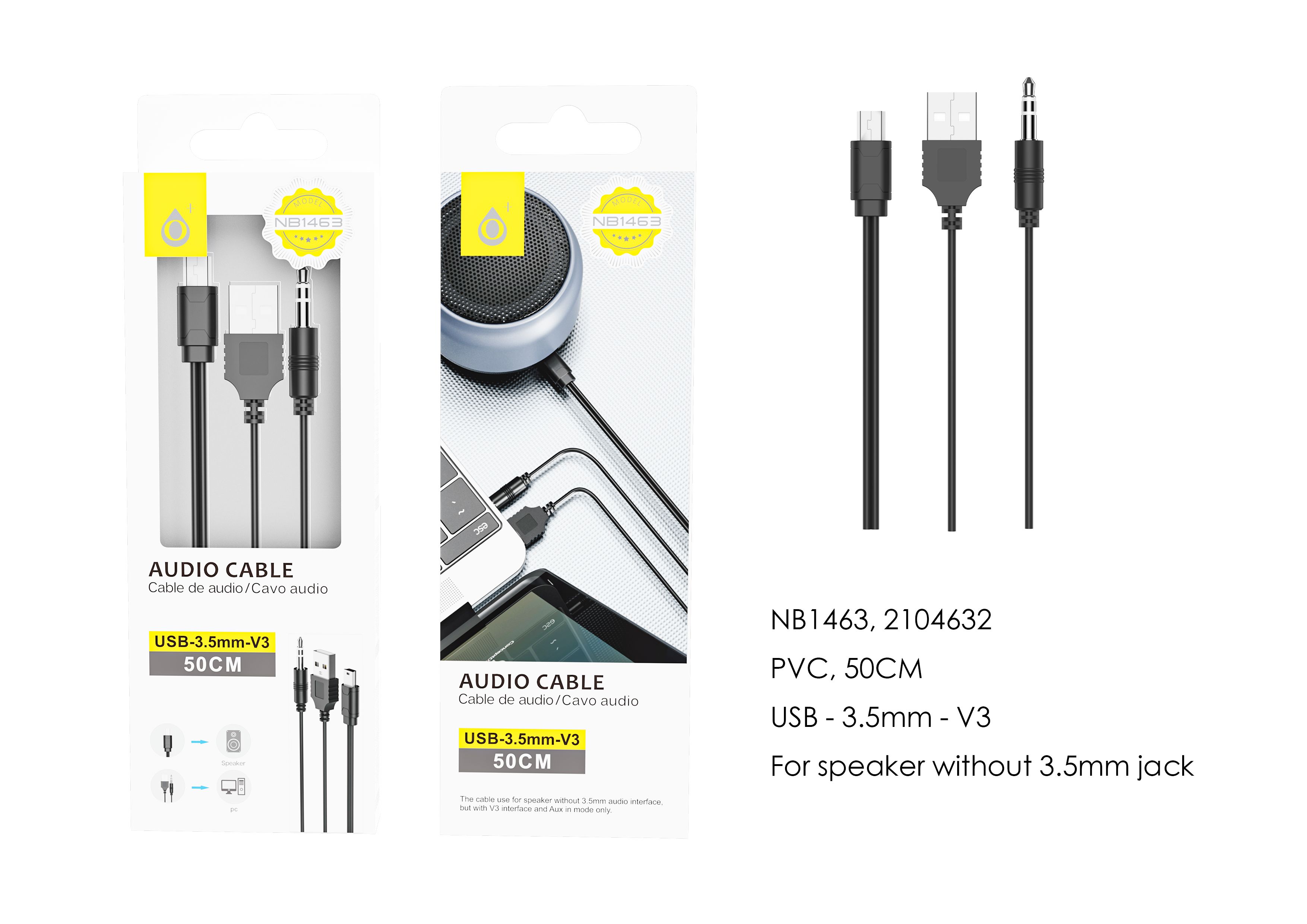 NB1463 NE Cable de Audio USB/Jack 3.5mm a V3(Mini USB), 50cm, Negro