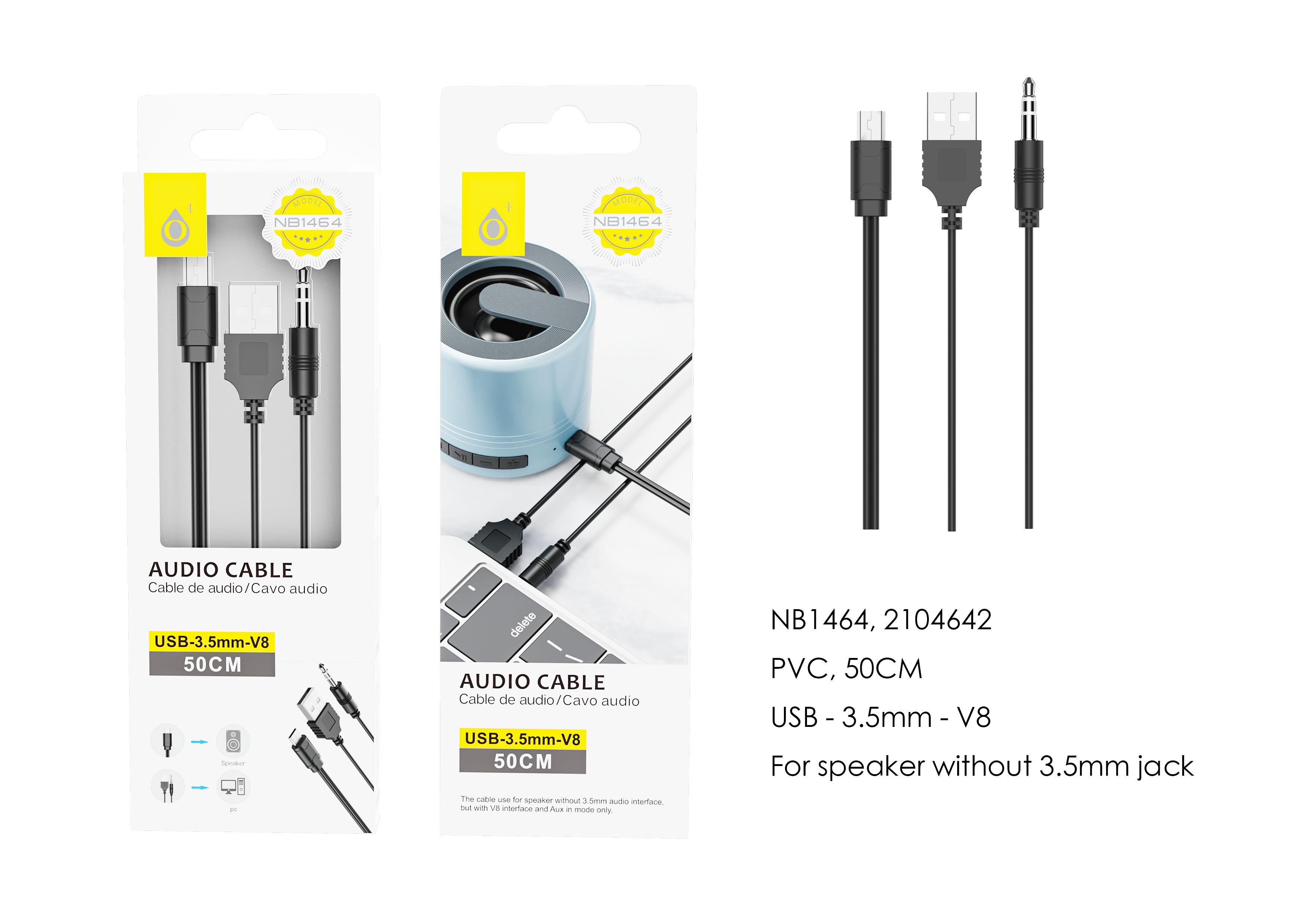 NB1464 NE Cable de Audio USB/Jack 3.5mm a V8(Micro USB), 50cm, Negro