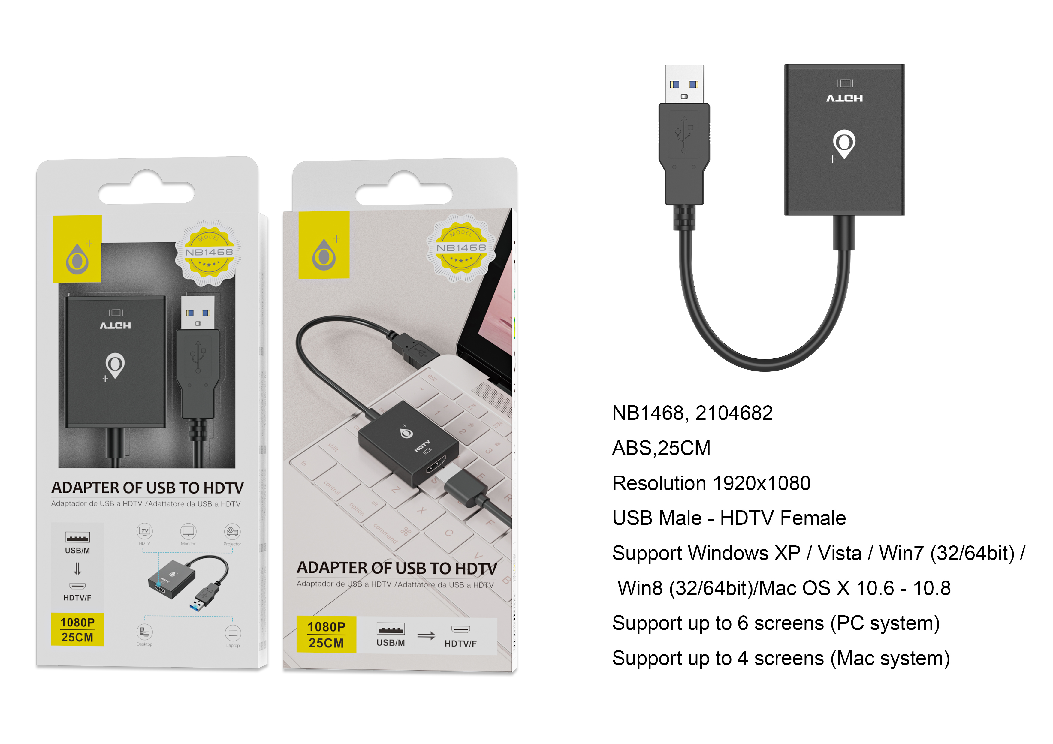 NB1468 NE Adaptador USB (Macho) A HDMI (Hembra)1080P, 25cm, Negro