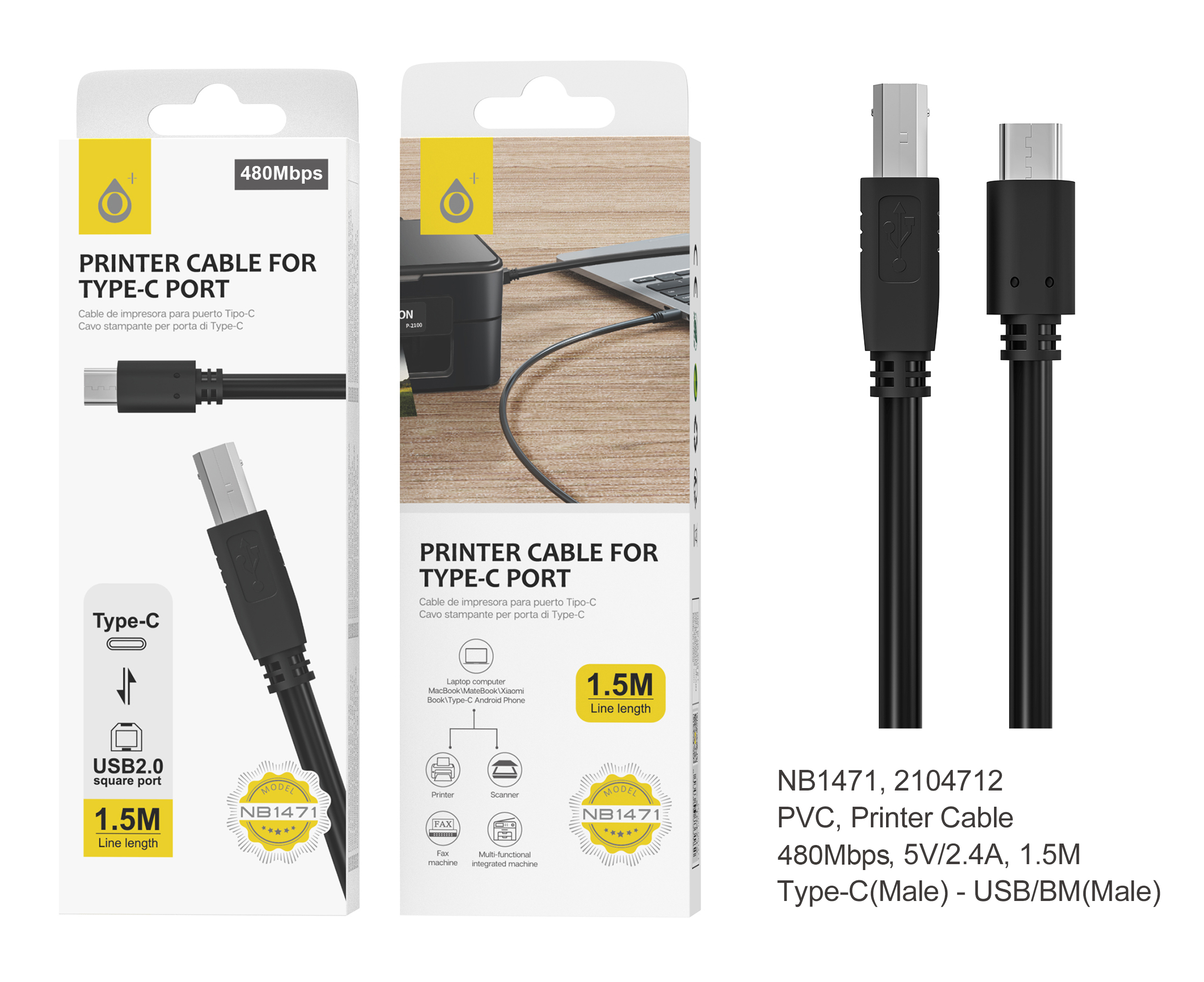 NB1471 NE Cable de Impresora Tipo-C a USB 2.0, velocidad transferencia 480Mbps/S, 5V/2.4A, Cable 1.5