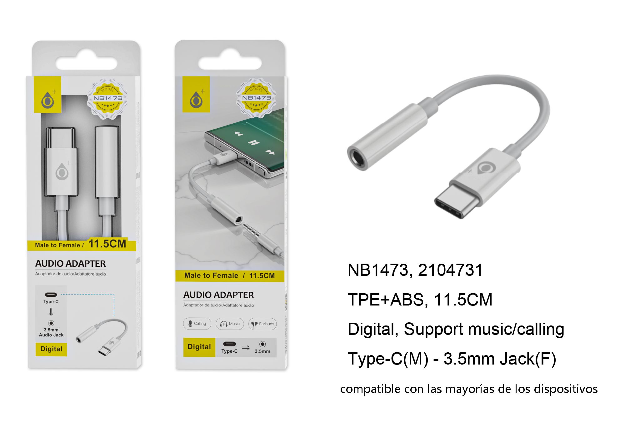 NB1473 BL Adaptador de Audio Type-C (Macho) a 3.5mm (Hembra), Con decodificador digital, Soporta musica y llamada, Blanco