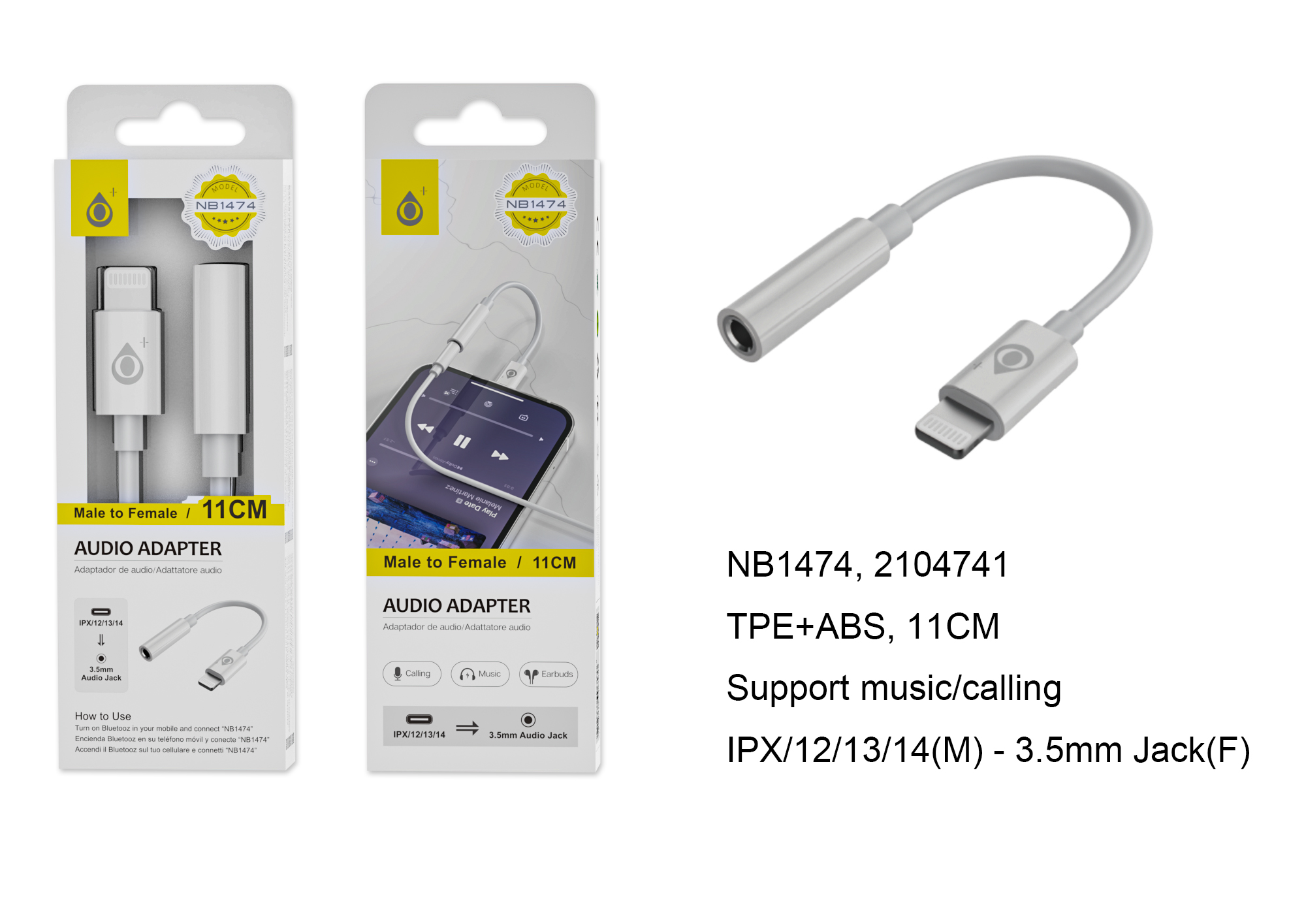 NB1474 BL Adaptador de Audio lightning (Macho) a 3.5mm (Hembra), Soporta musica y llamada, Necesario Conectar Bluetooth, Blanco