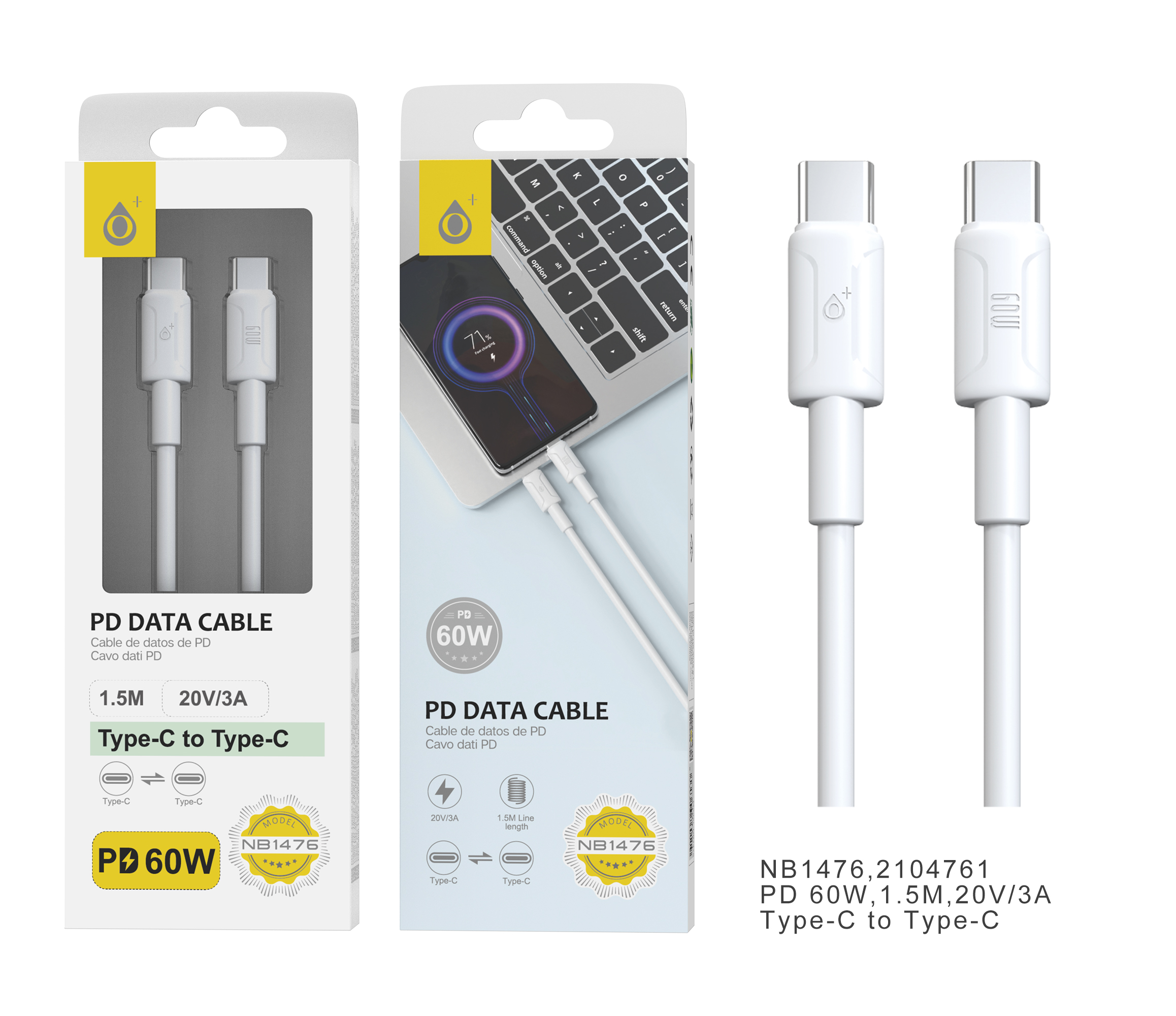 NB1476 BL Cable de datos Finn para Type-C a Type-C  , Carga Rapida PD, 60W/20V/3A, 1.5M, Blanco