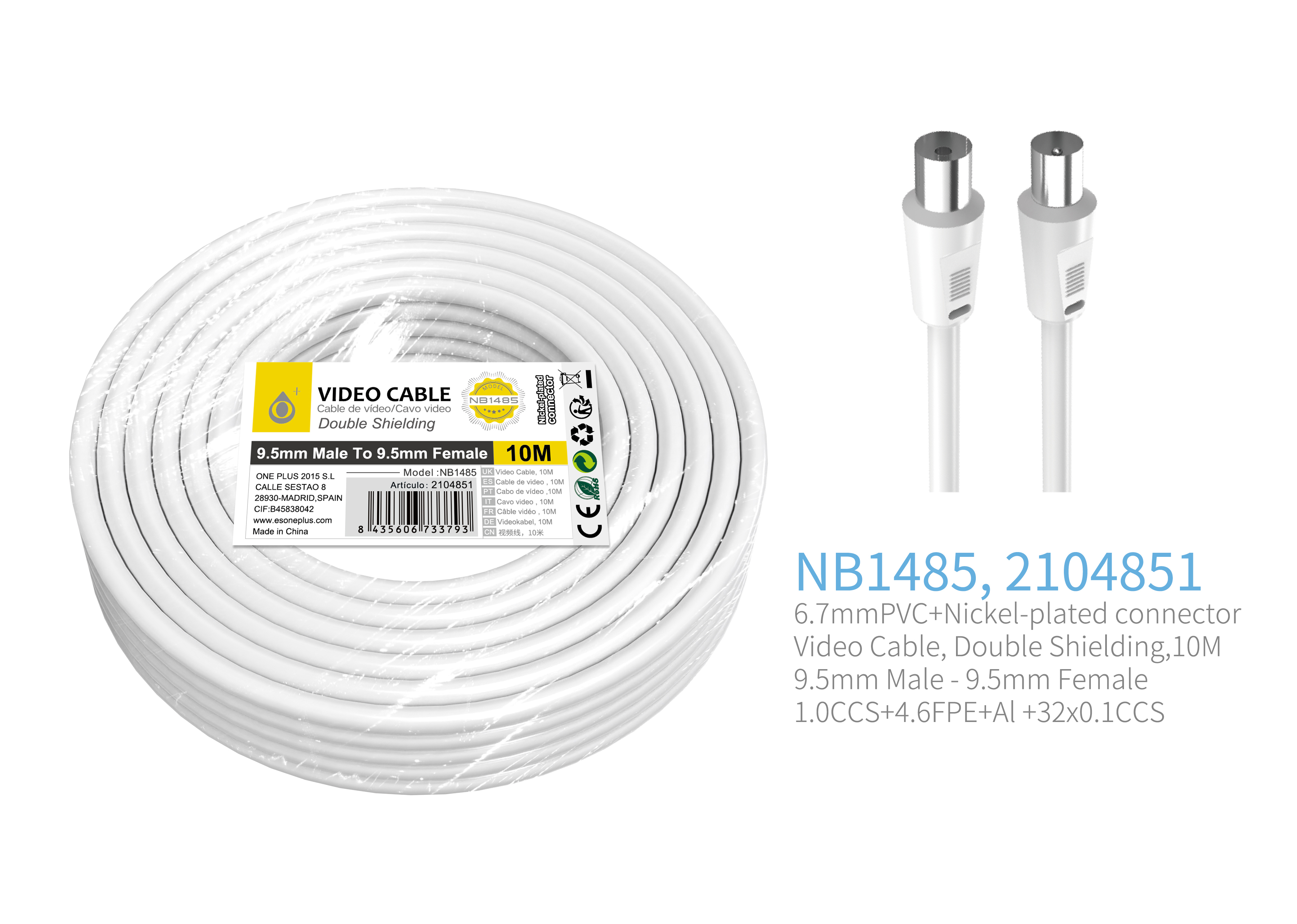NB1485  Cable de Video(Coaxial)Conector banado en niquel 9.5mm  Macho a Hembra , doble blindaje, 10