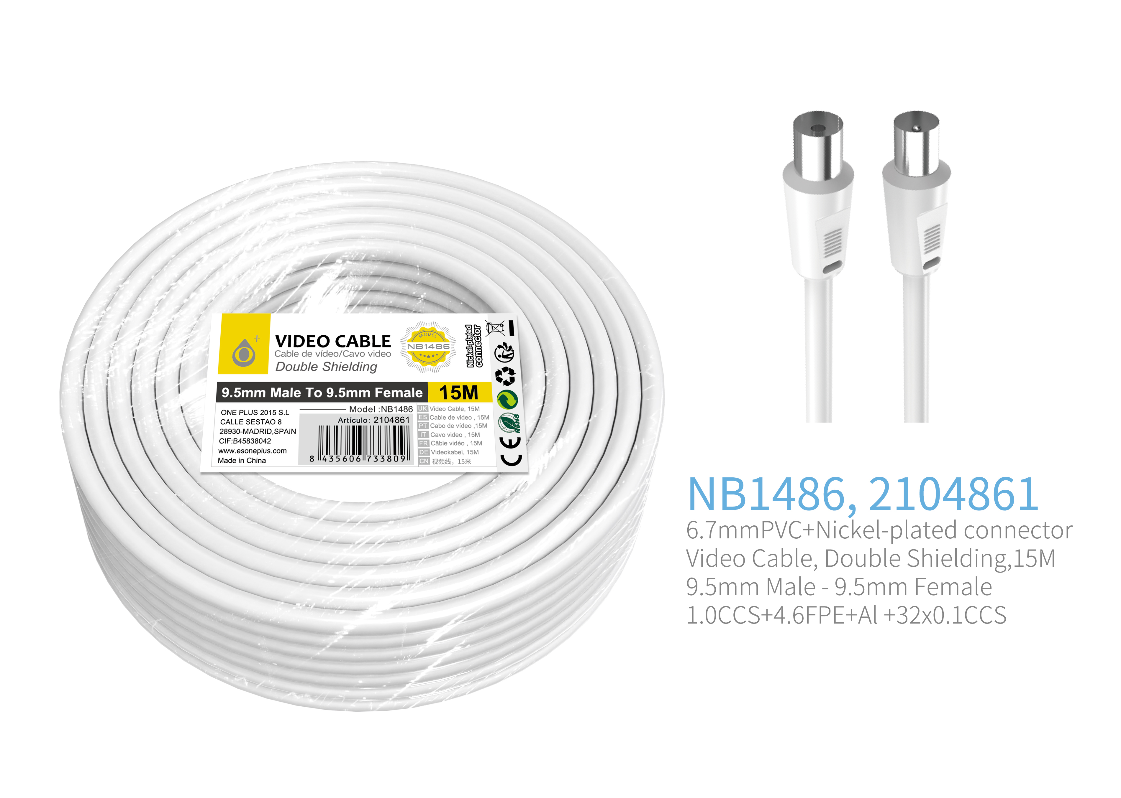 NB1486  Cable de Video(Coaxial)Conector banado en niquel 9.5mm  Macho a Hembra , 15 Metro, Blanco