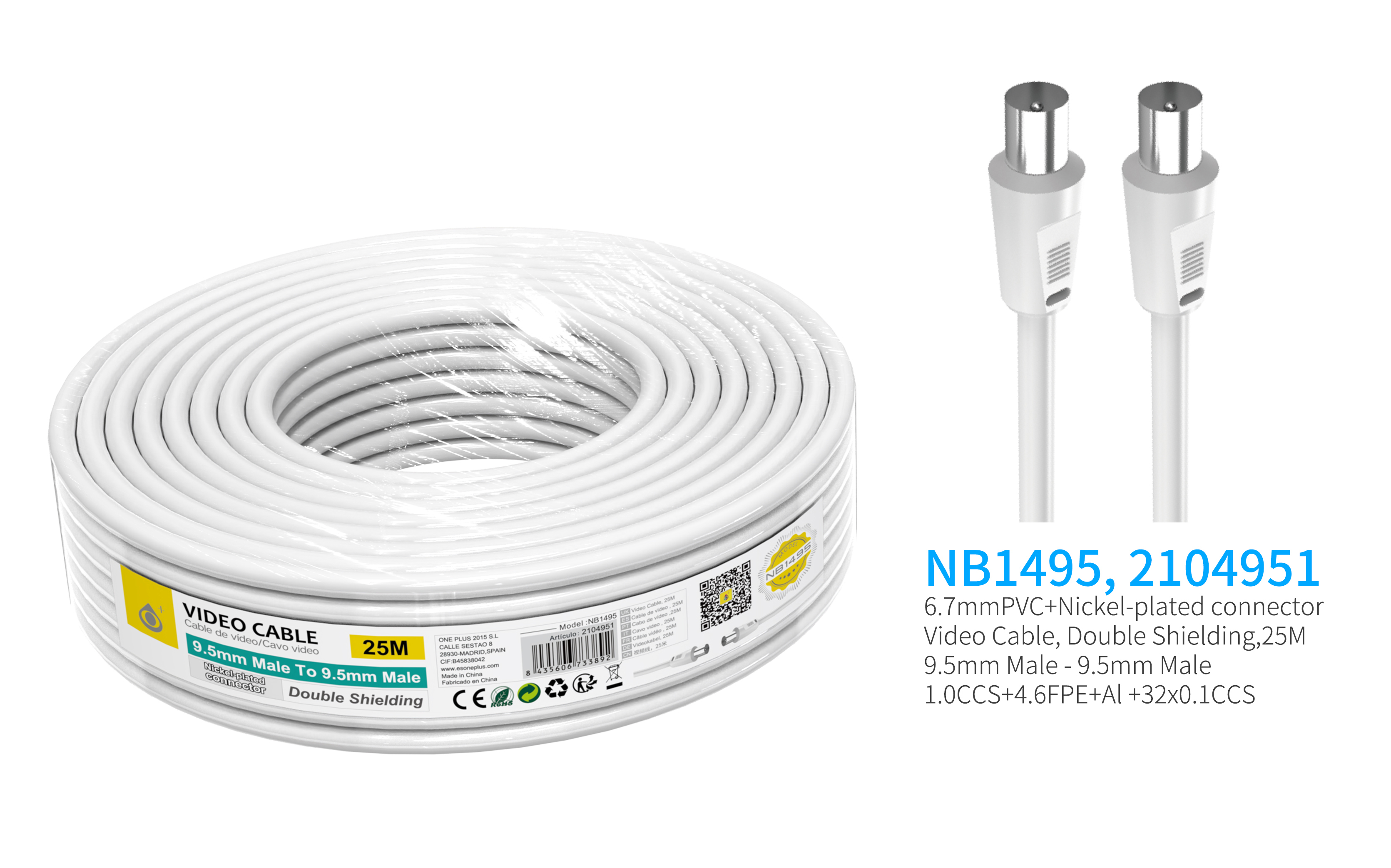NB1495  Cable de Video(Coaxial)Conector banado en niquel 9.5mm  Macho a Macho , doble blindaje, 25 M