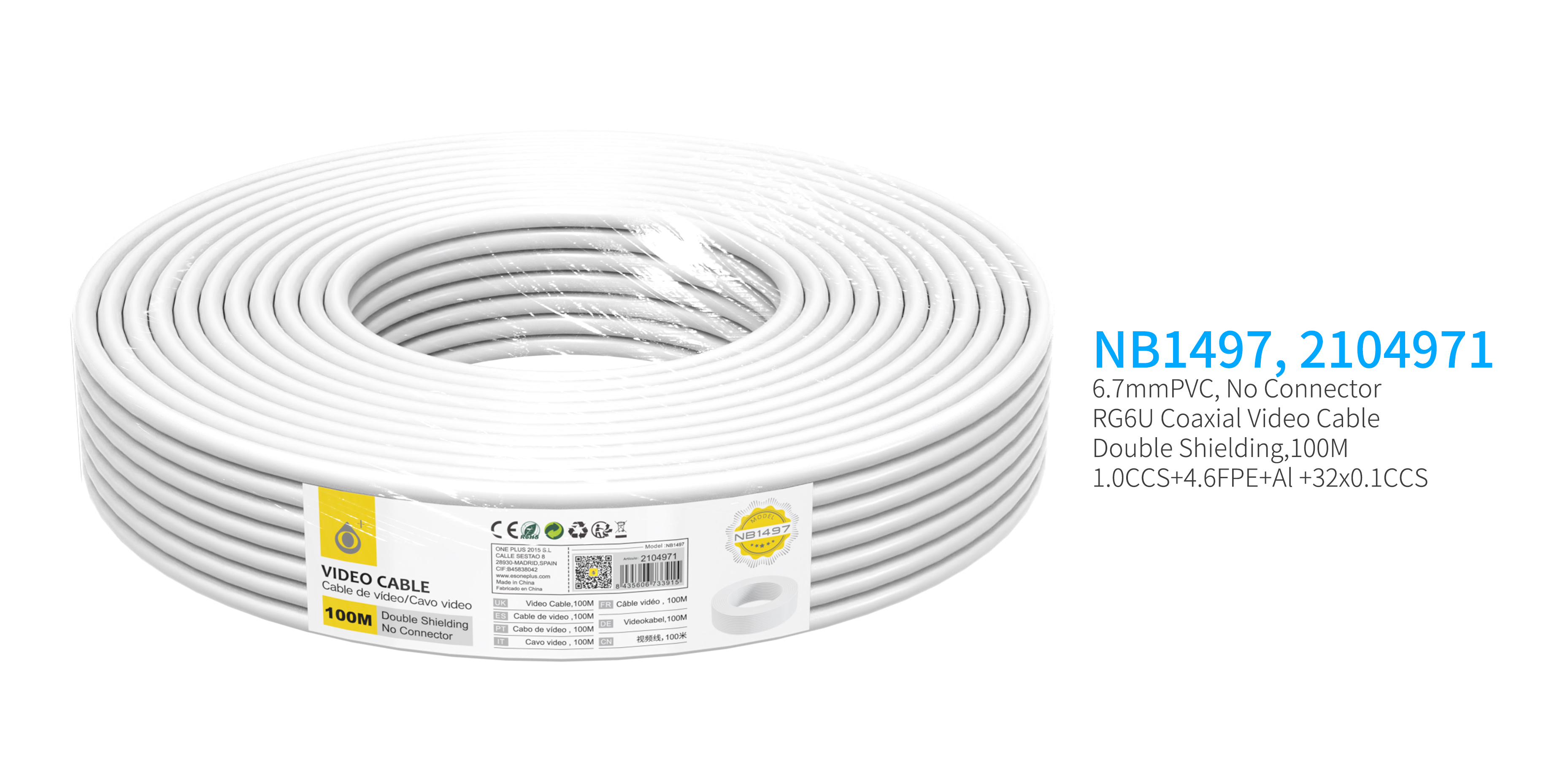 NB1497  Cable de Video(Coaxial RG6U) Sin Conector, doble blindaje, 100 Metro, Blanco