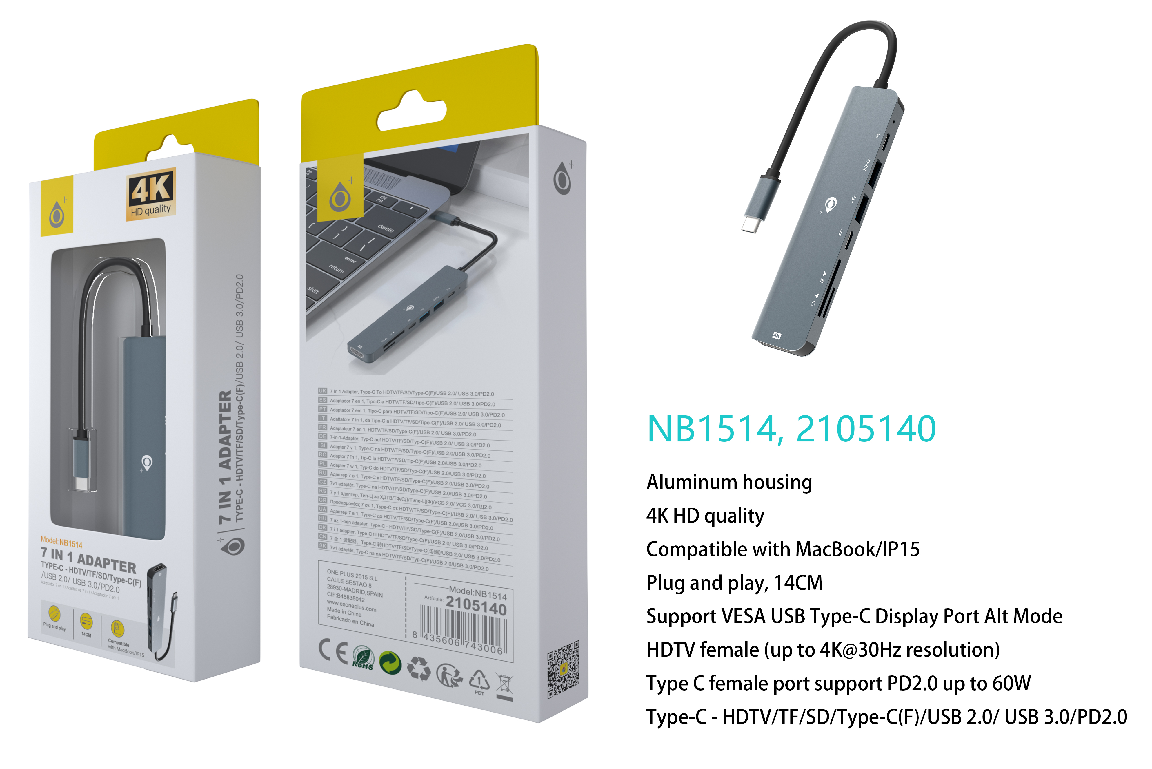 NB1514 GS lector TYPE-C Hub 7 en 1, HDMI/TF/SD/Type-C/USB2.0/USB 3.0/PD 2.0 Compatible con Apple Type-C, Gris
