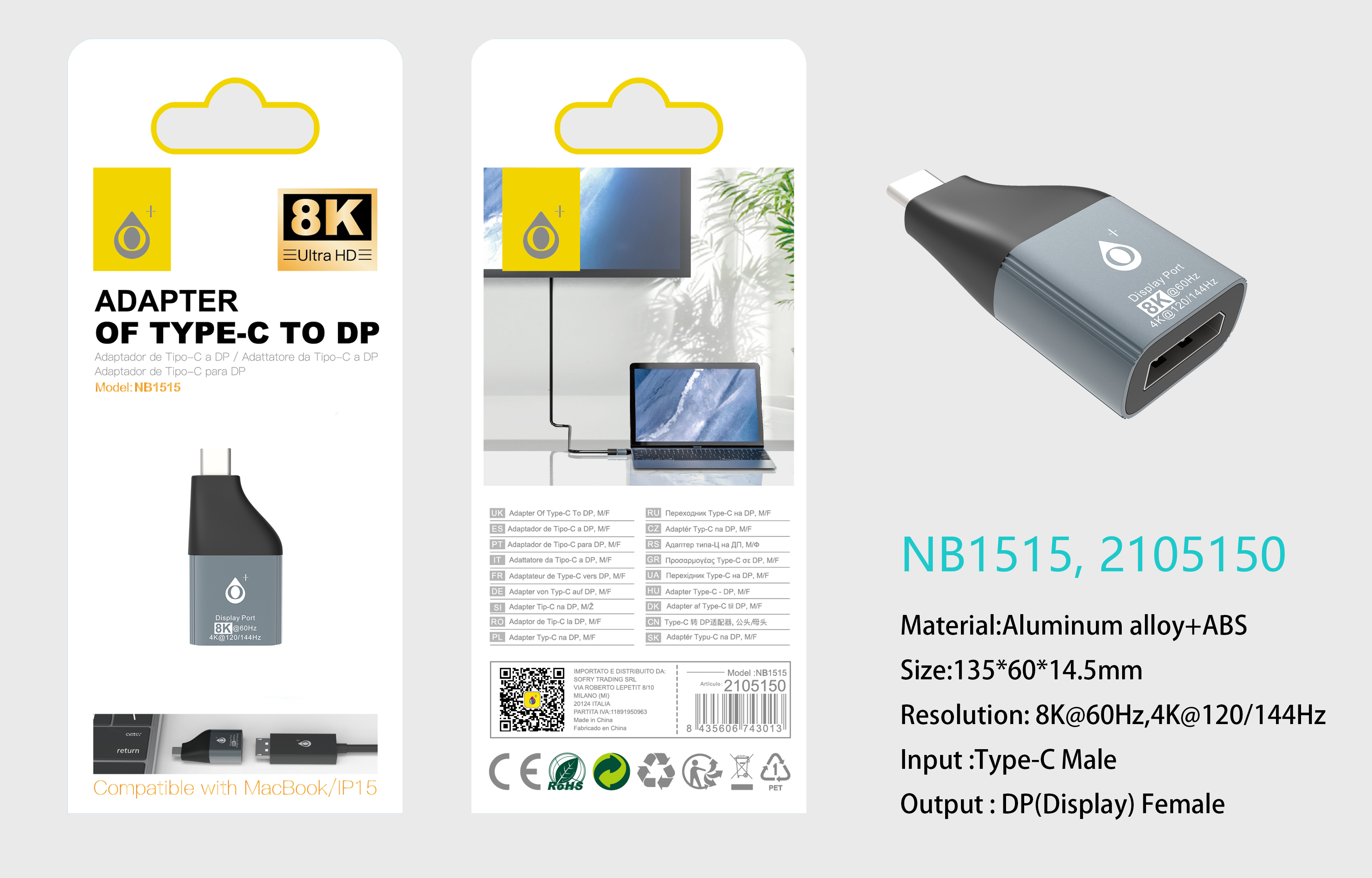 NB1515 NE Adaptador Display (Hembra) a Type-C (Macho)8K 60Hz/4K 120-144Hz Compatible con Apple Type-C, Negro