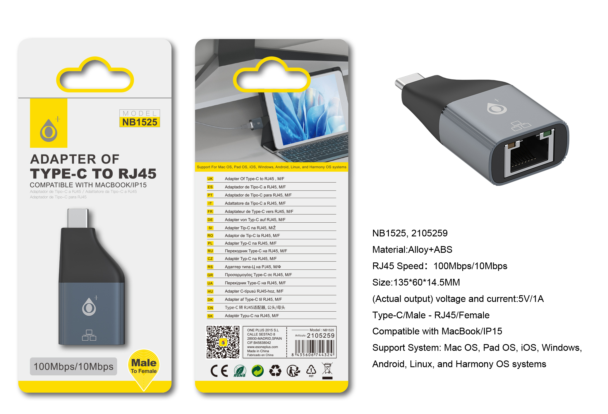 NB1525 Cable de Adaptador Type-C (Macho) a Ethernet RJ45 (Hembra), 10/100Mbps, Compatible con Apple