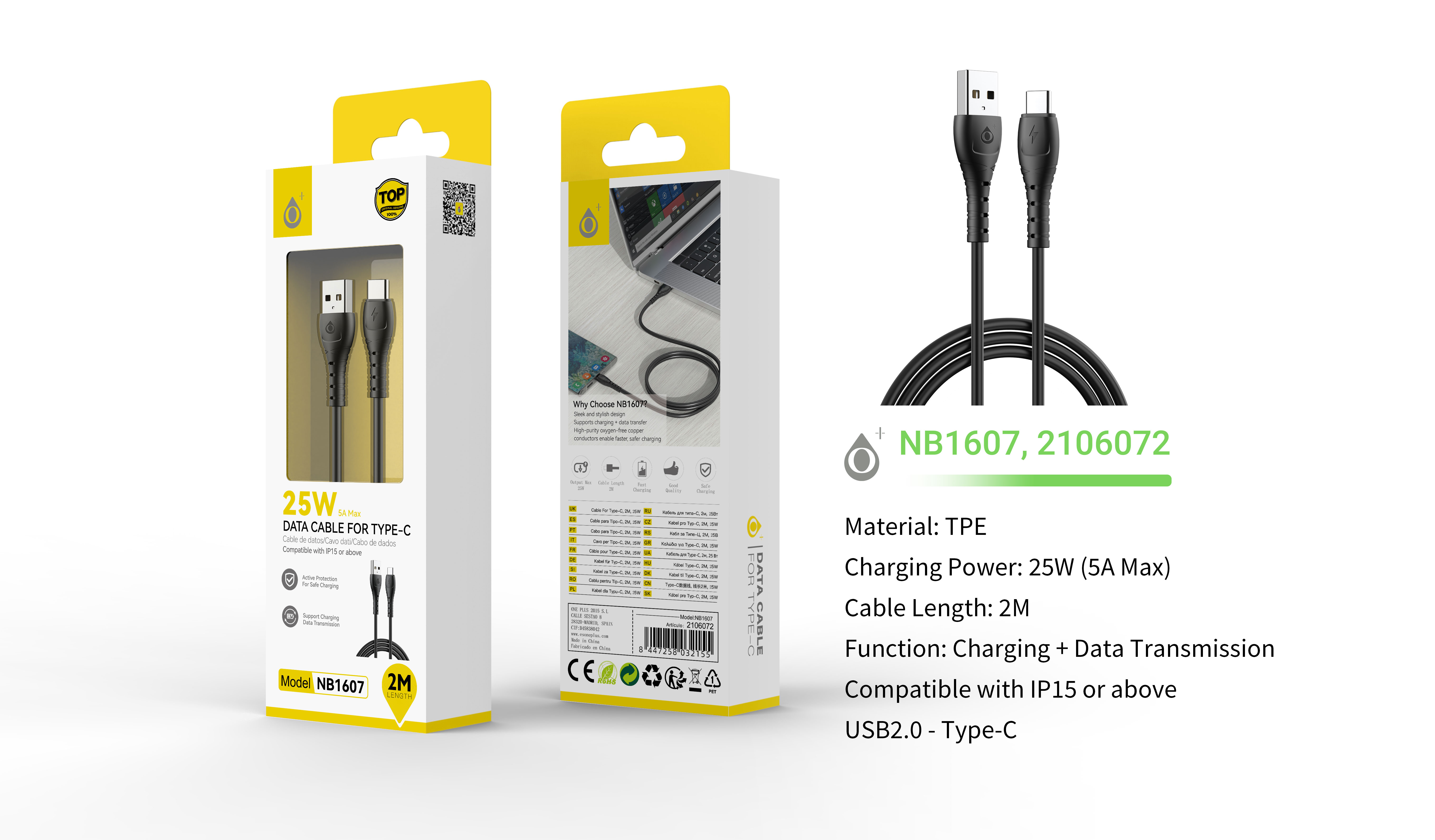 NB1607 NE Cable de Datos Limi Type-C, Carga rapida 25W/5A,Cable 2M, Negro