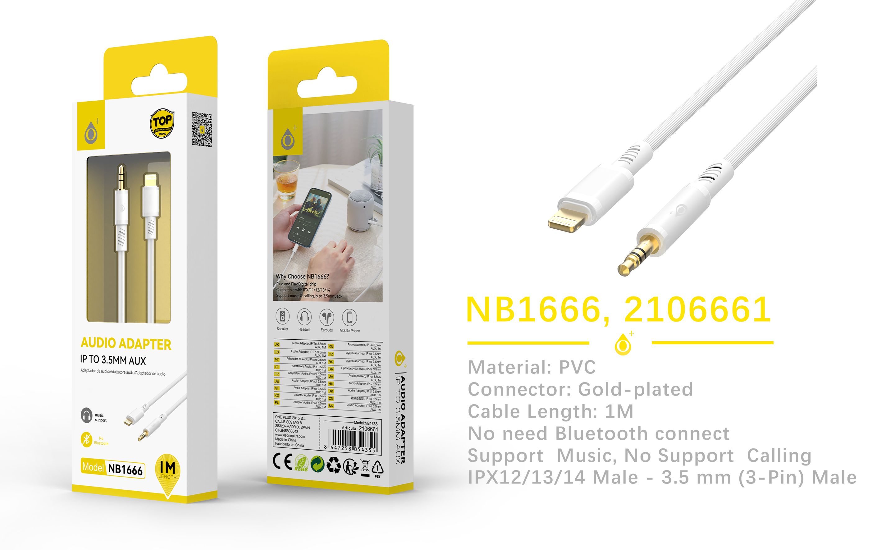 NB1666 BL Adaptador de audio, Lightning(Macho) a 3.5mm(Macho),Plug and play, 1M, Blanco