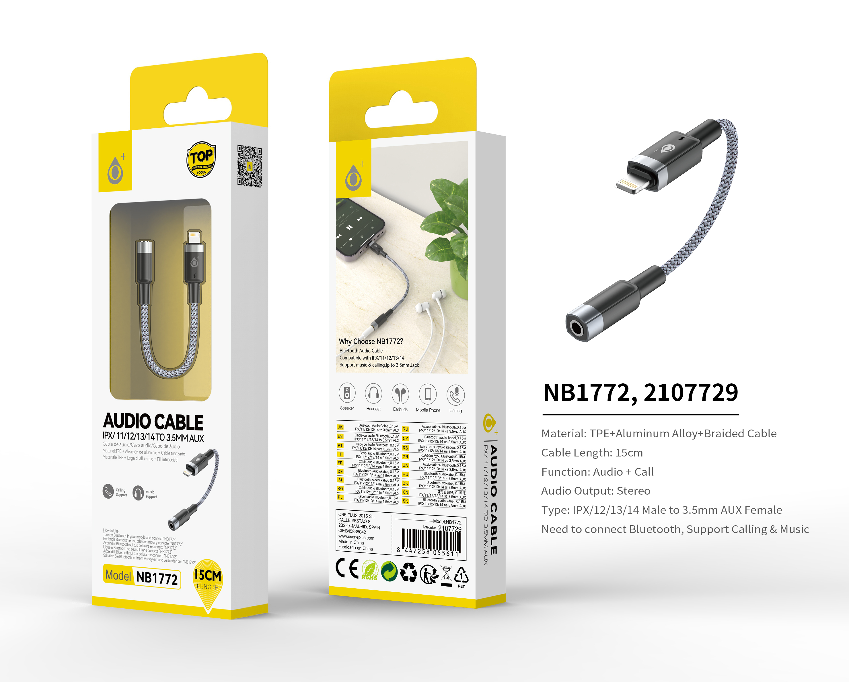 NB1772 GR Adaptador Iphone a Audio 3.5mm Soporta llamada y audio, Necesario conectar Bluetooth, 0.15