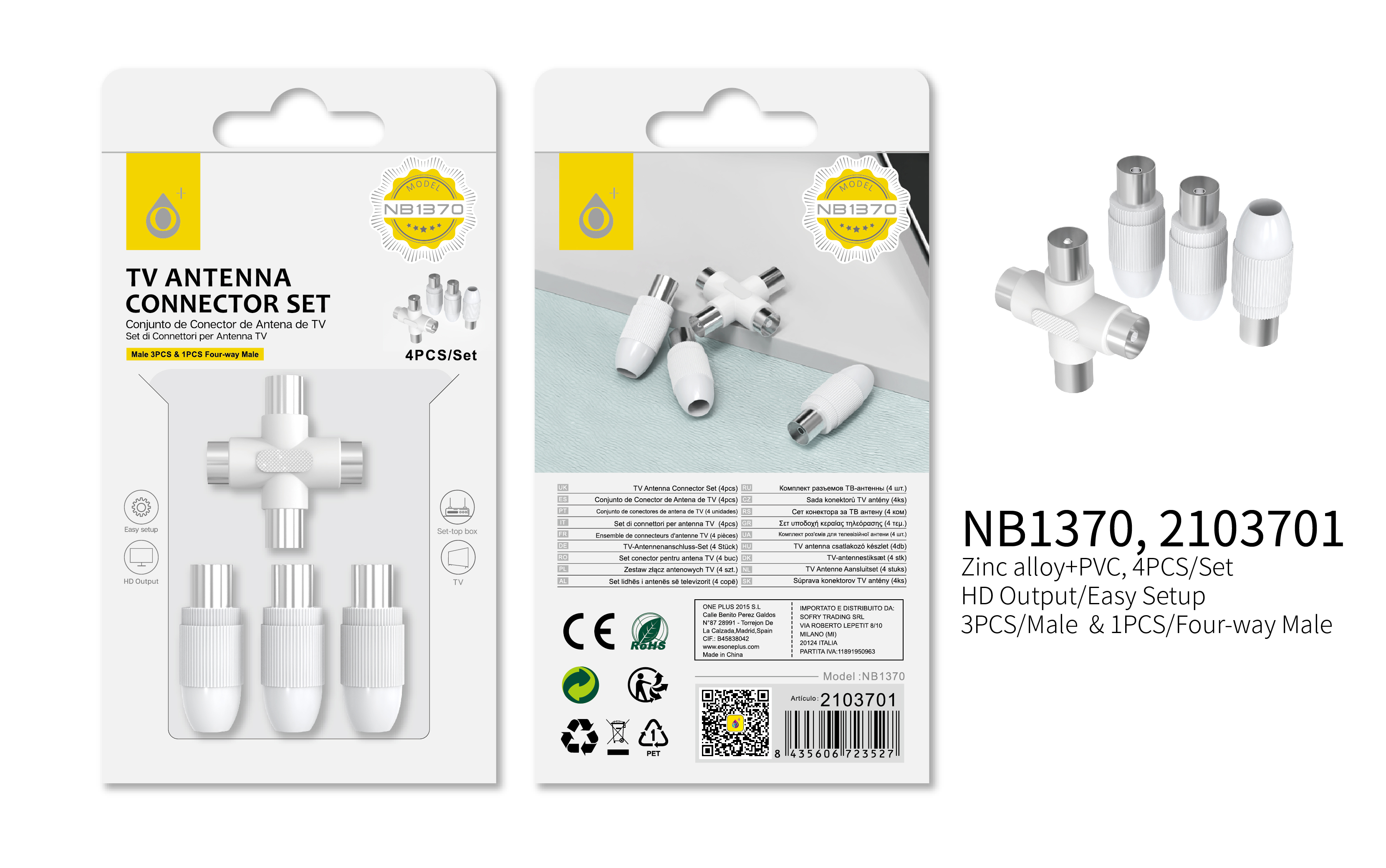 NB370 BL Conjunto de 4 conectores  para antena TV,Blanco