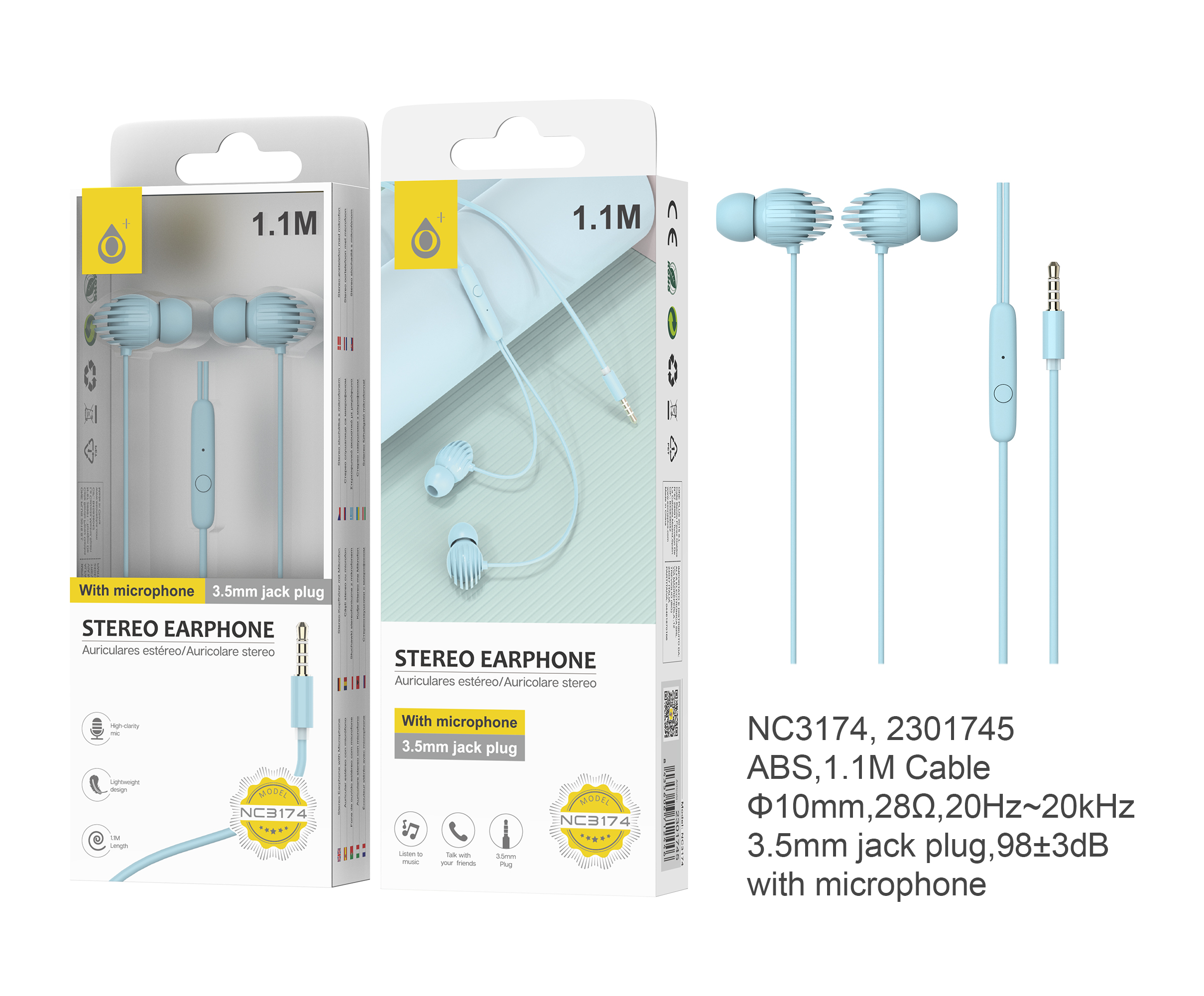 NC3174 AZ Auriculares con Micrófono Deluca, Con Boton Multifuncion y Control de Volumen, Longitud  1.1M,Azul