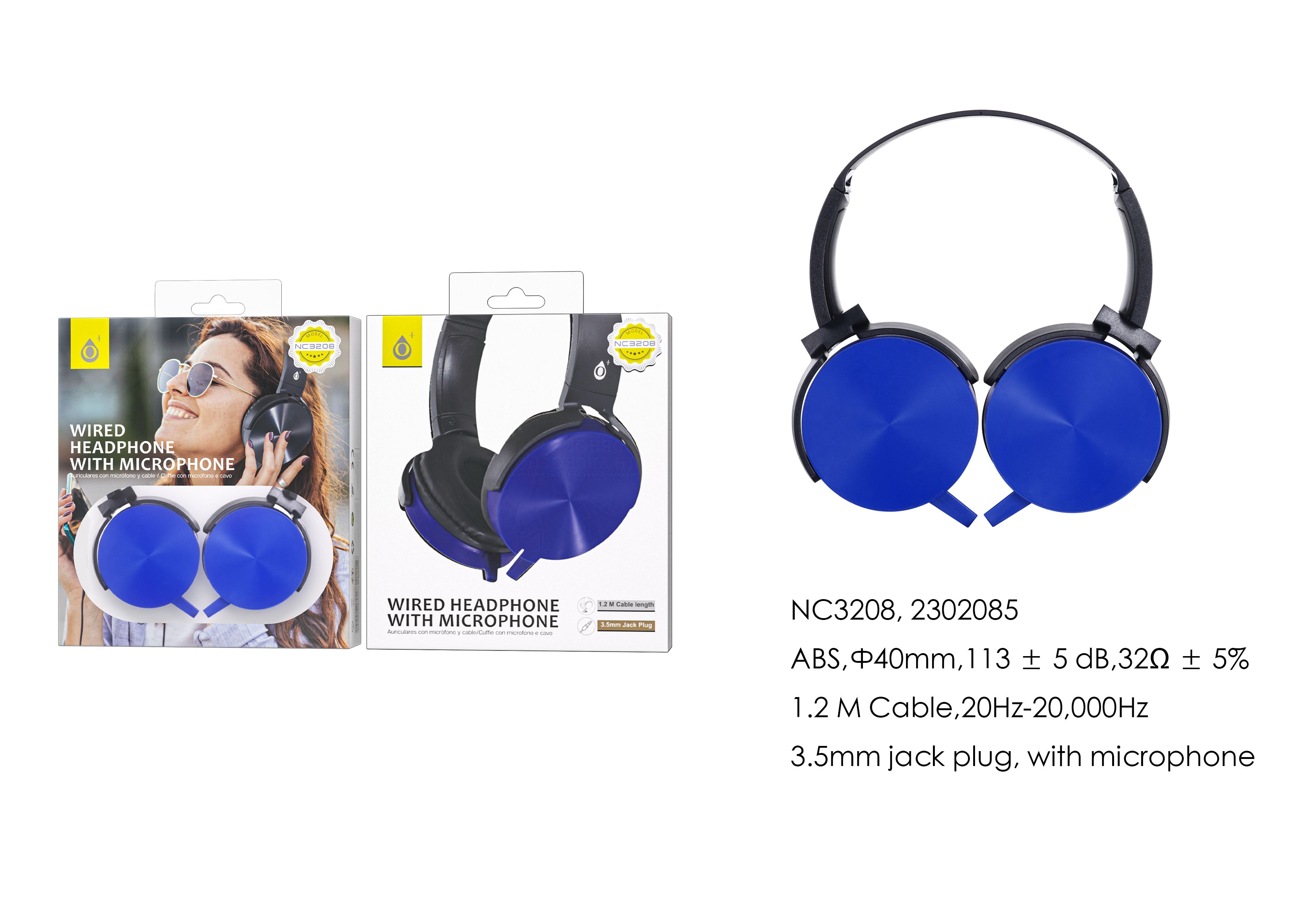 NC3208 AZ Auriculares Casco de cable  con Microfono , 3.5mm Jack Plug ,  Cable 1.2M ,Azul