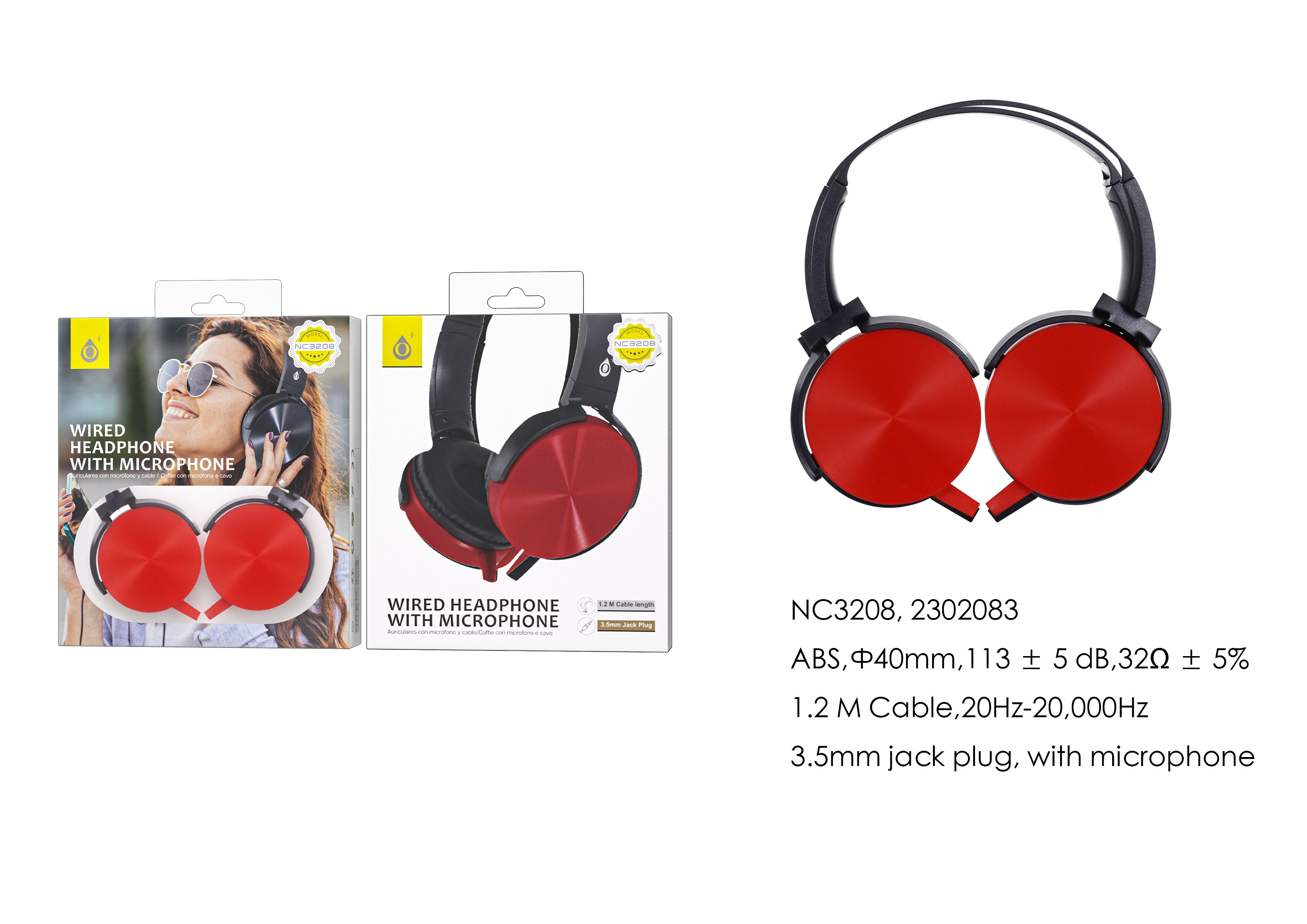 NC3208 RJ Auriculares Casco de cable  con Microfono , 3.5mm Jack Plug ,  Cable 1.2M ,Rojo