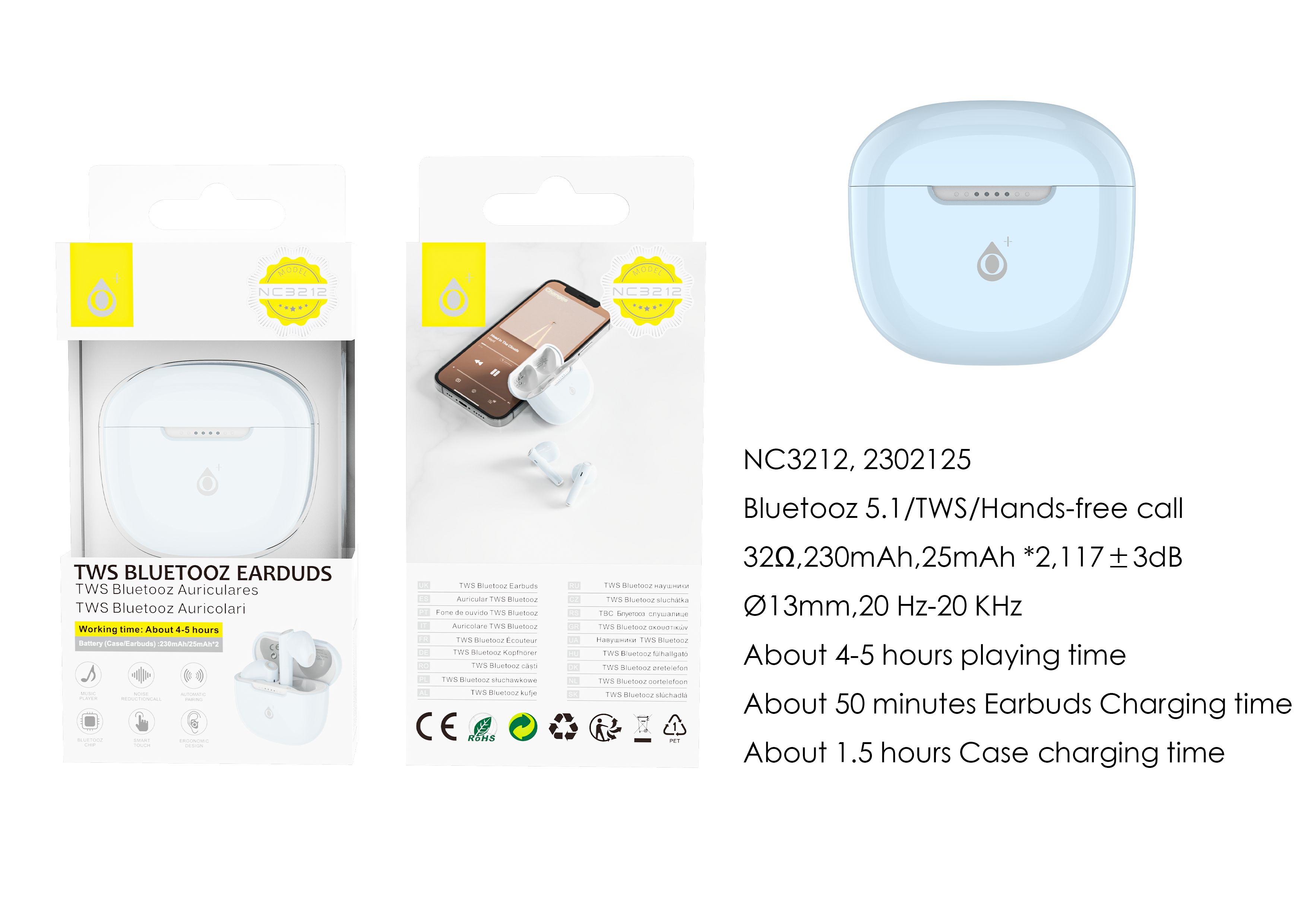 NC3212 AZ  Auriculares Bluetooth TWS con mando libre, Bateria (25mAh*2)Con Estuche Recargable 230mAh