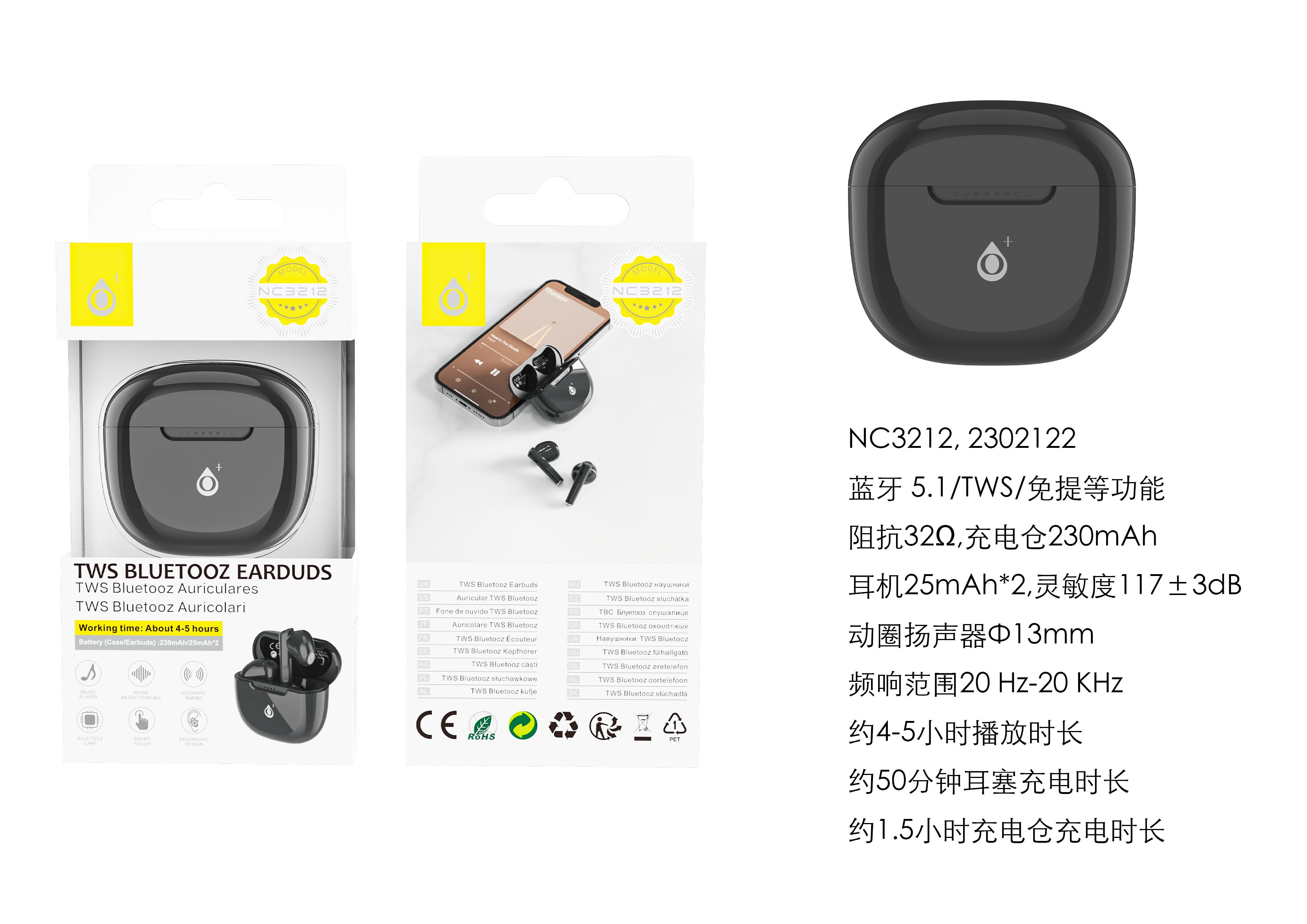 NC3212 NE  Auriculares Bluetooth TWS con mando libre, Bateria (25mAh*2)Con Estuche Recargable 230mAh