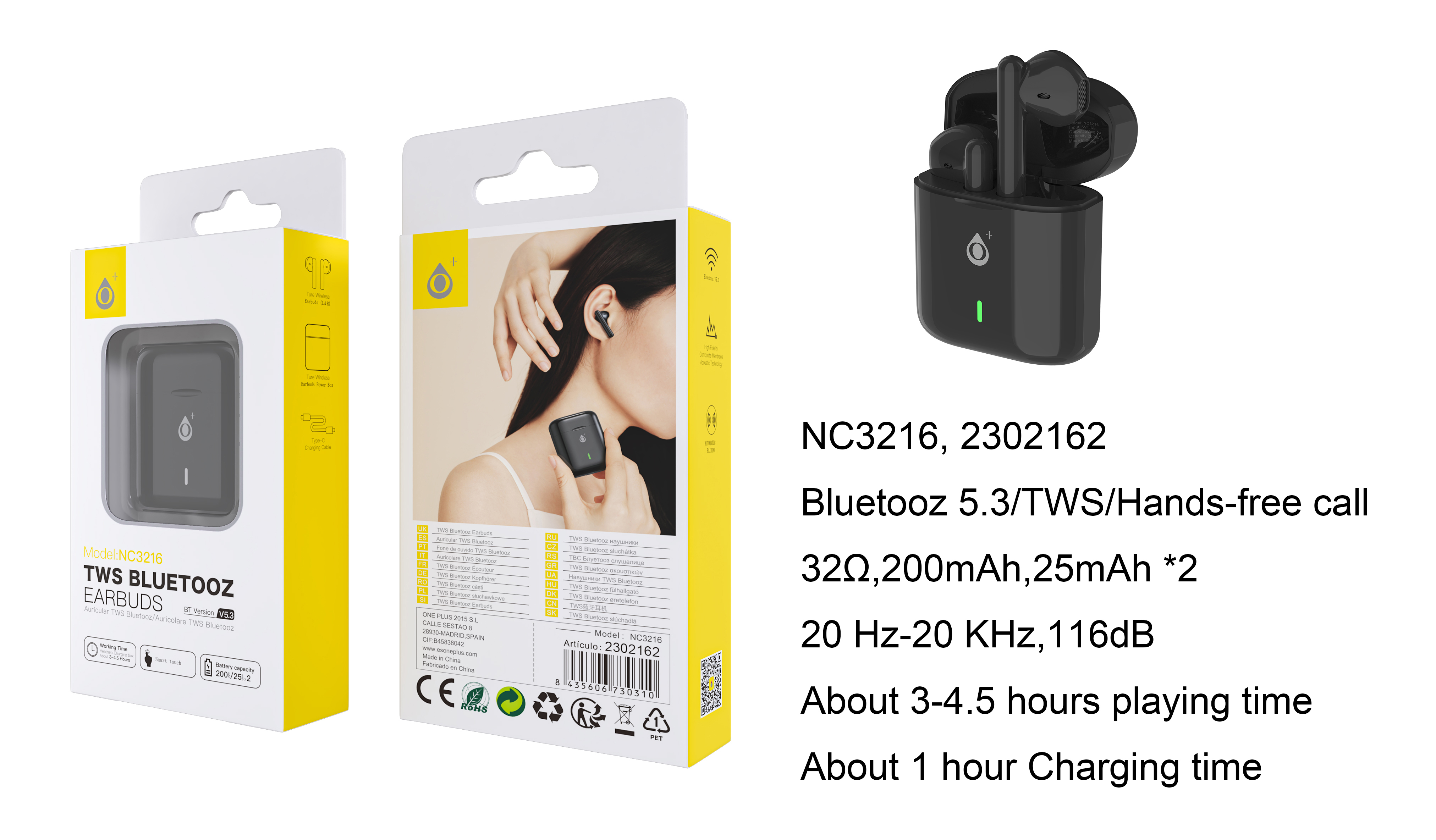 NC3216 NE Auriculares Bluetooth TWS Carrie (25mAh*2) con estuche cargable(200mAh), Soporta mano libre, Negro