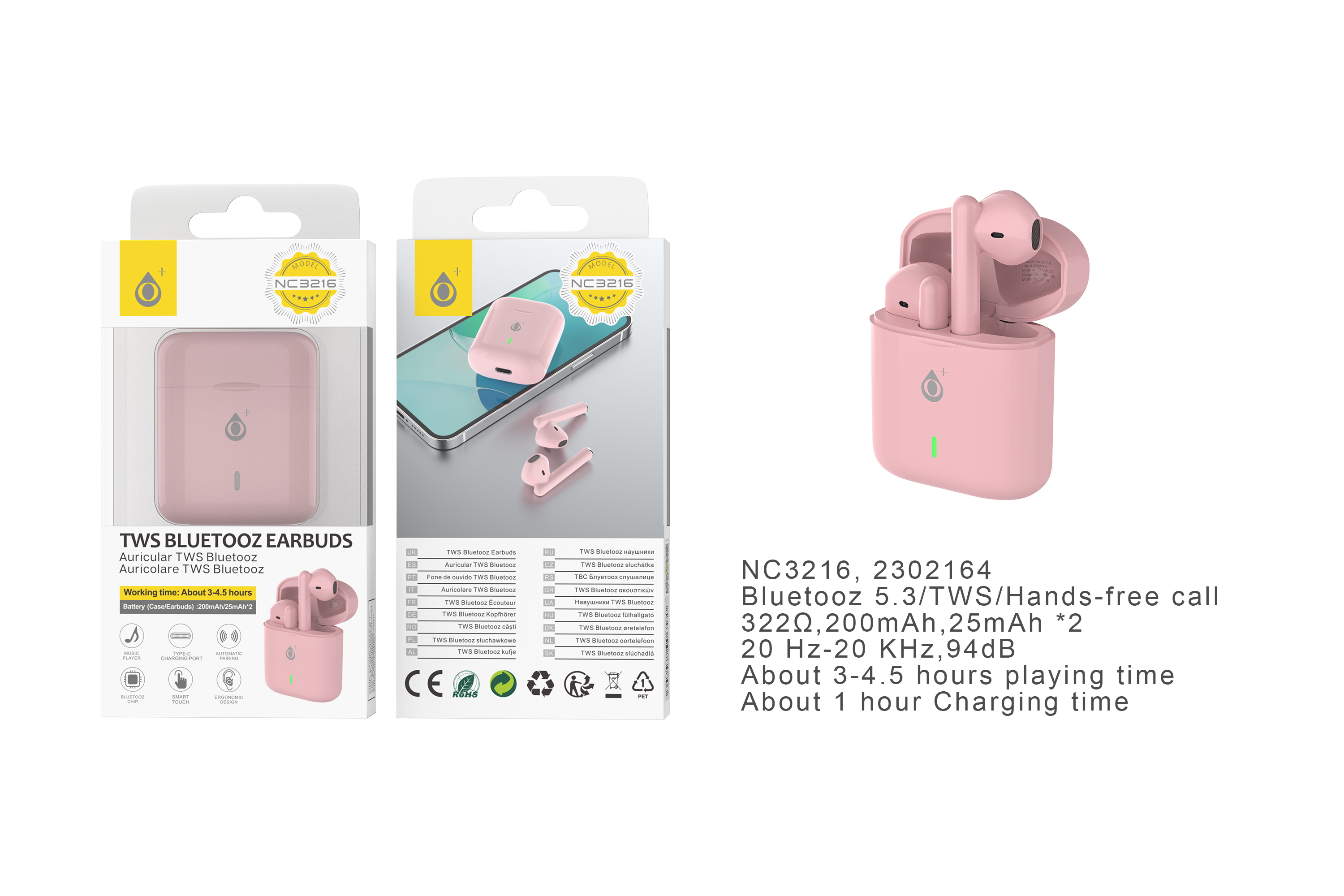NC3216 RS Auriculares Bluetooth TWS Carrie (25mAh*2) con estuche cargable(200mAh), Soporta mano libre, Rosa
