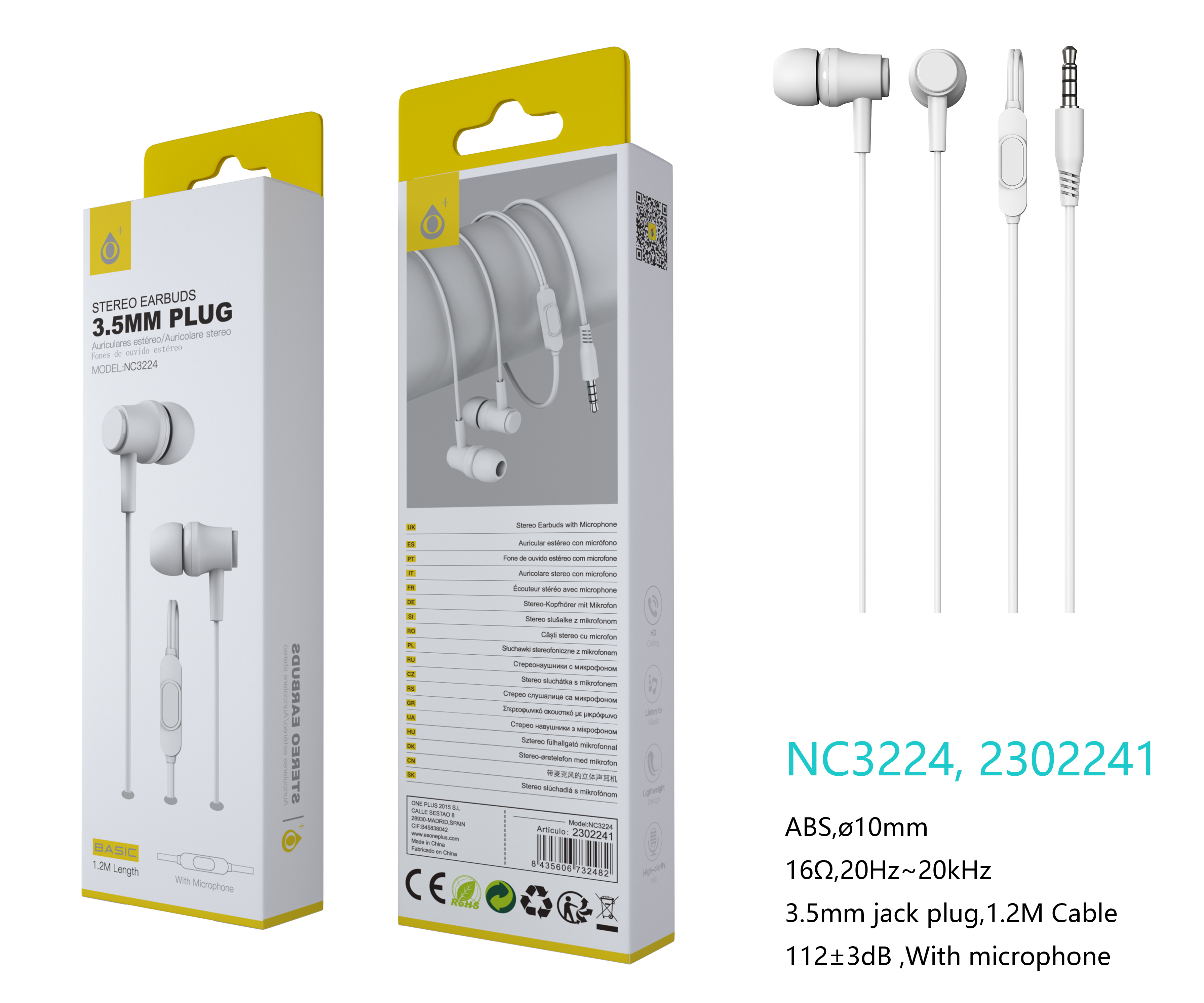 NC3224 BL Auriculares con microfono S.Basic Singh, con boton multifunciones, cable 1.2M , Blanco