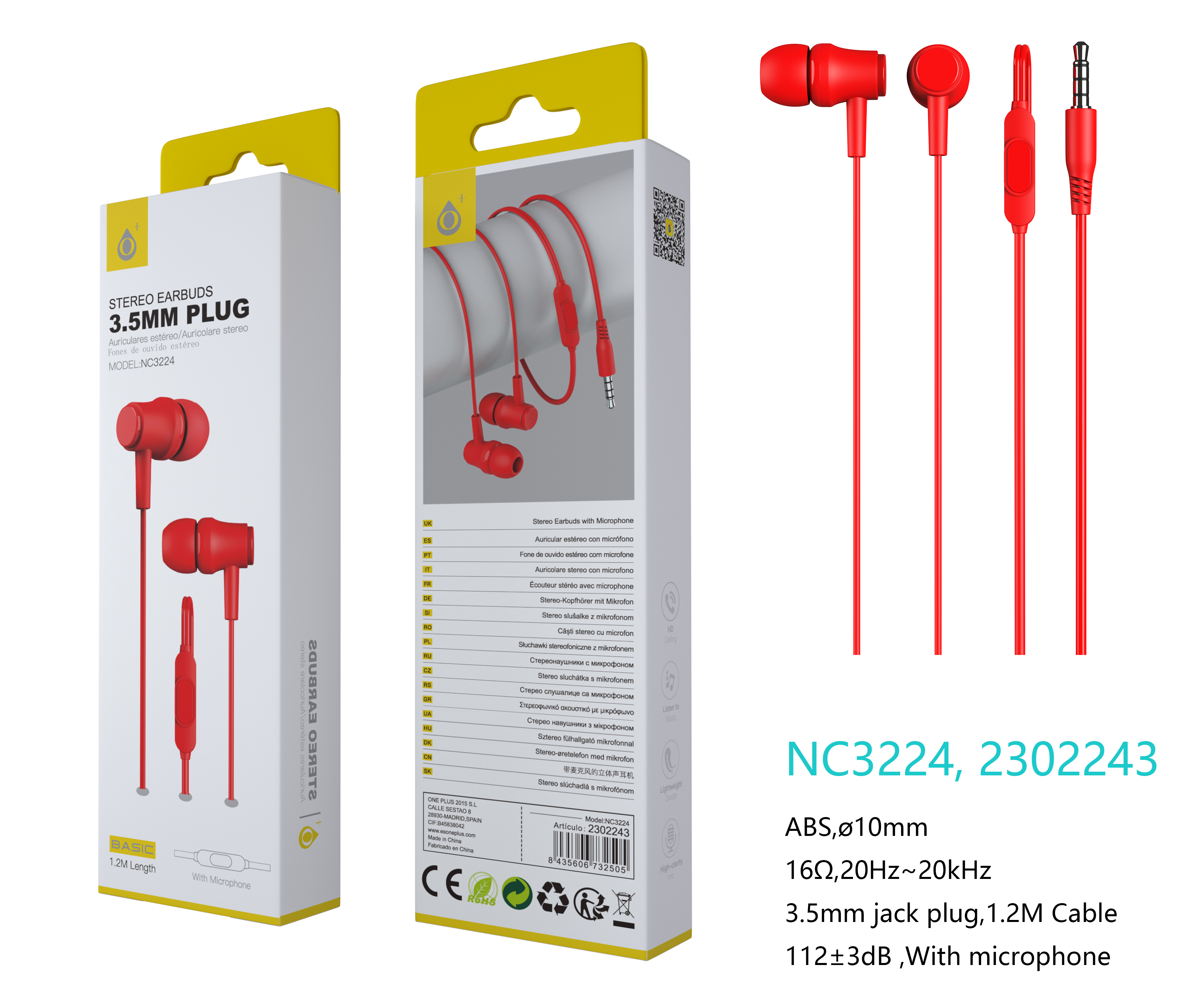 NC3224 RJ Auriculares con microfono S.Basic Singh, con boton multifunciones, cable 1.2M , Rojo