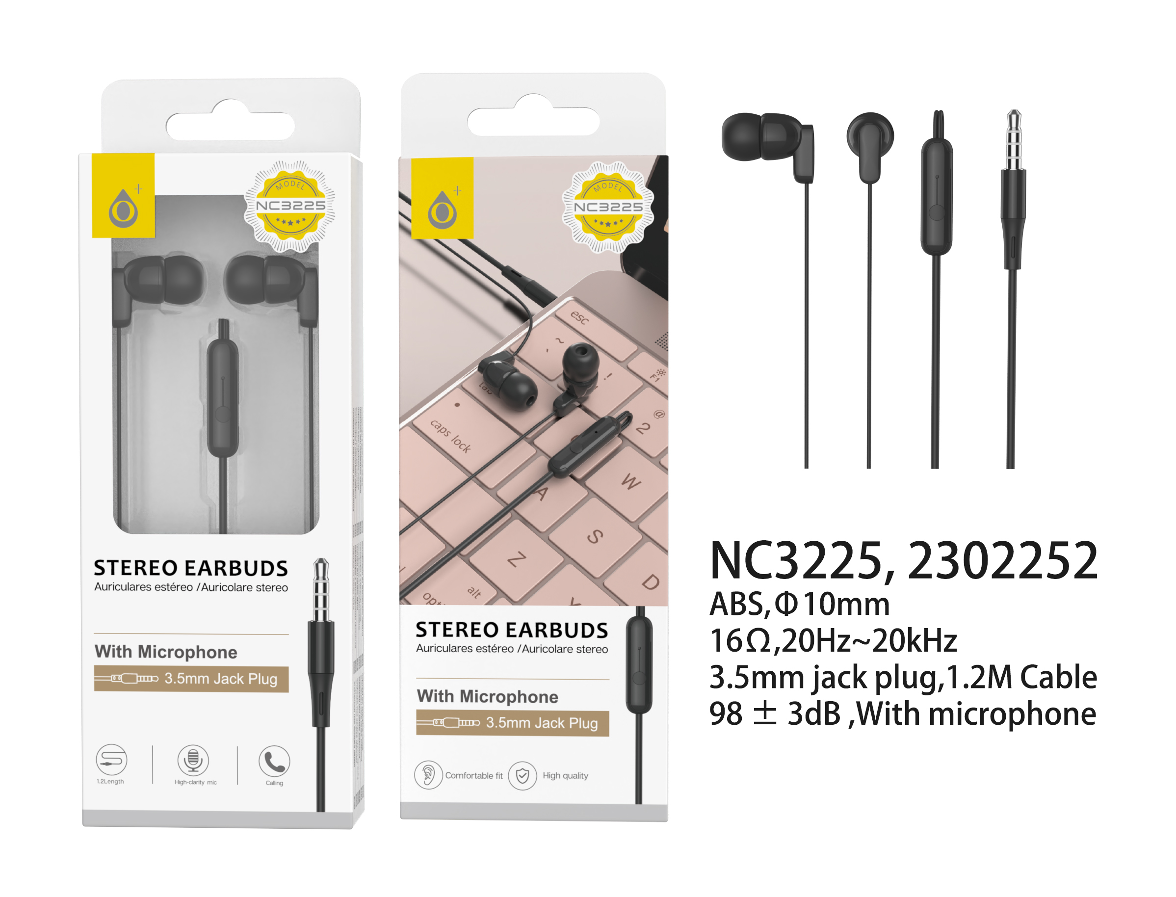 NC3225 NE Auriculares con microfono Takeo, con boton multifunciones, sensibilidad 98±3 dB, cable 1.2