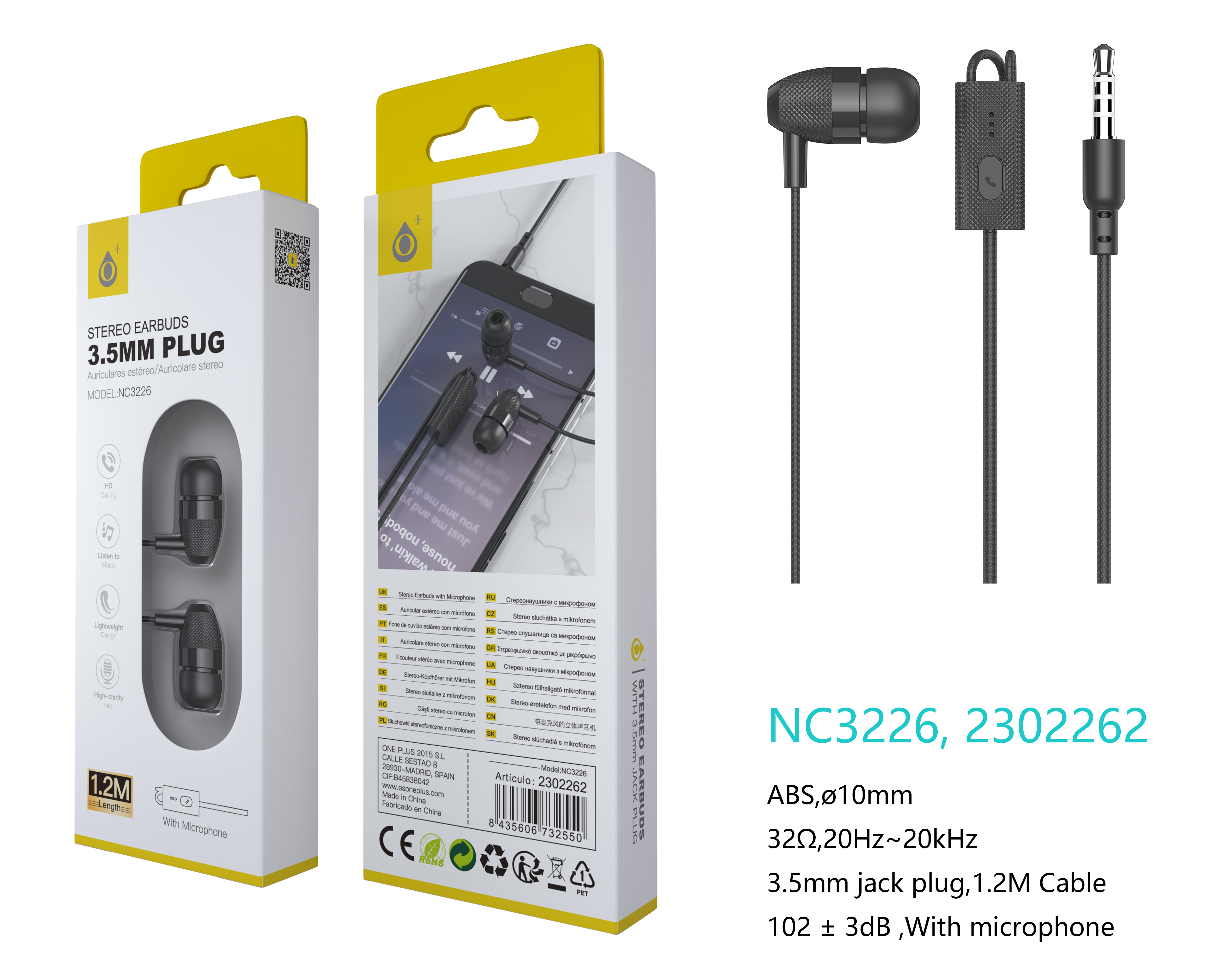 NC3226 NE Auriculares con microfono Takeshi, con boton multifunciones, sensibilidad 102±3 dB, cable