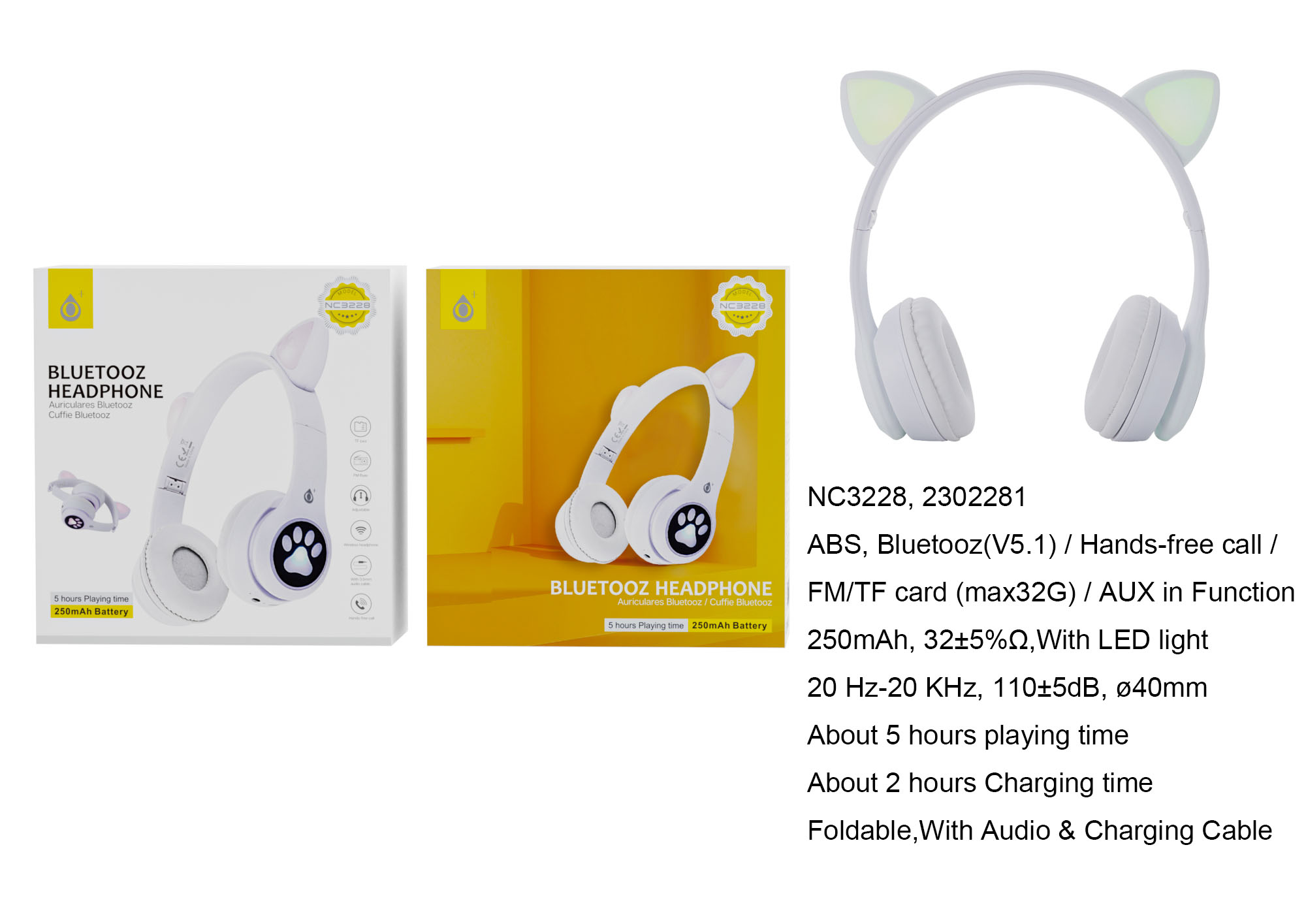 NC3228 BL Auricular  Bluetooth 5.1 Plegable, con Orejas de Gato con LED , con Mano libre , FM/TF(32GB)/Entrada de Audio, Bateria 250mAh, Blanco