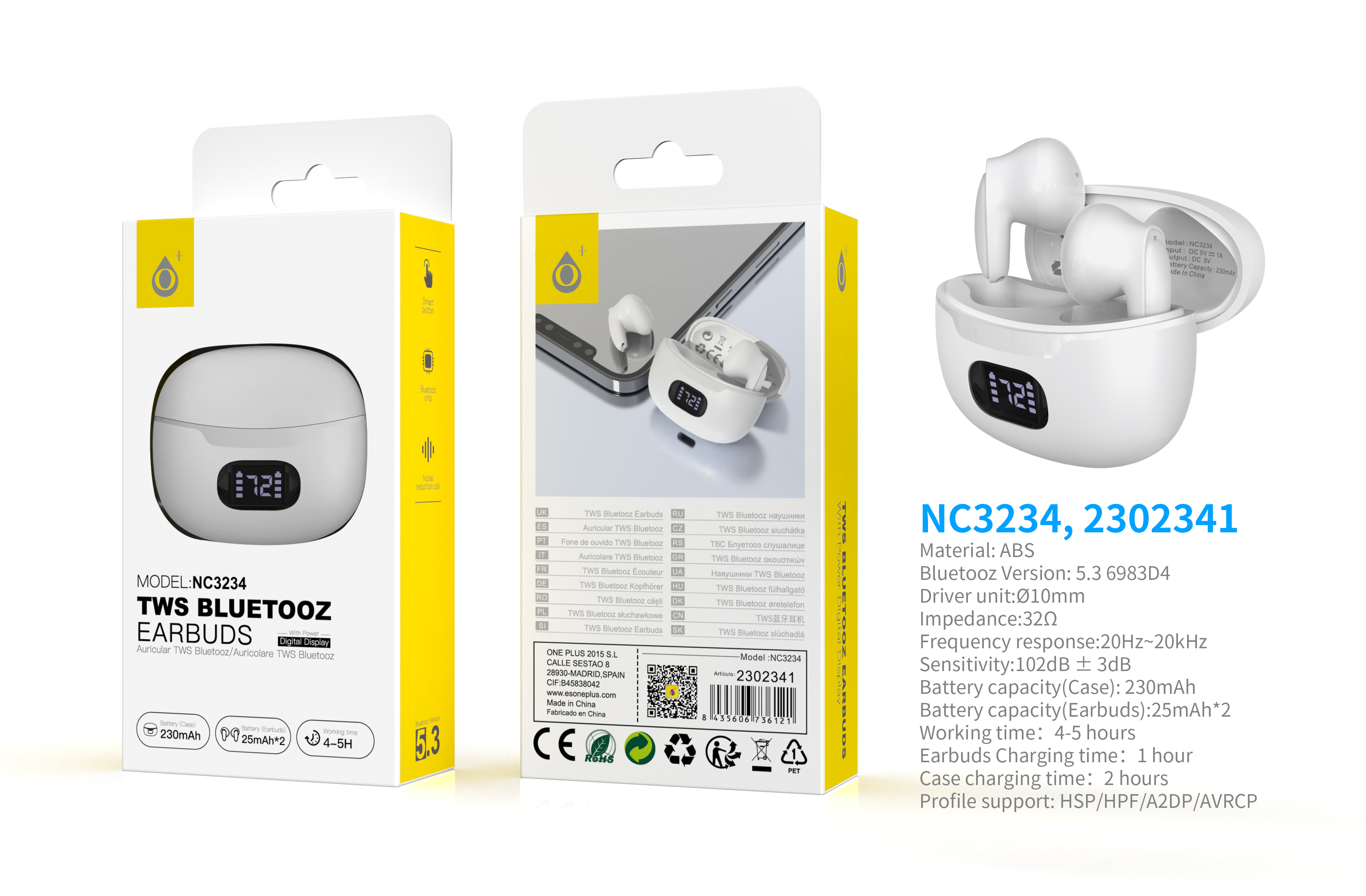NC3234 BL Auriculares TWS Bluetooth 5.3  Bateria (25mAh*2) con estuche cargable(230mAh), Blanco