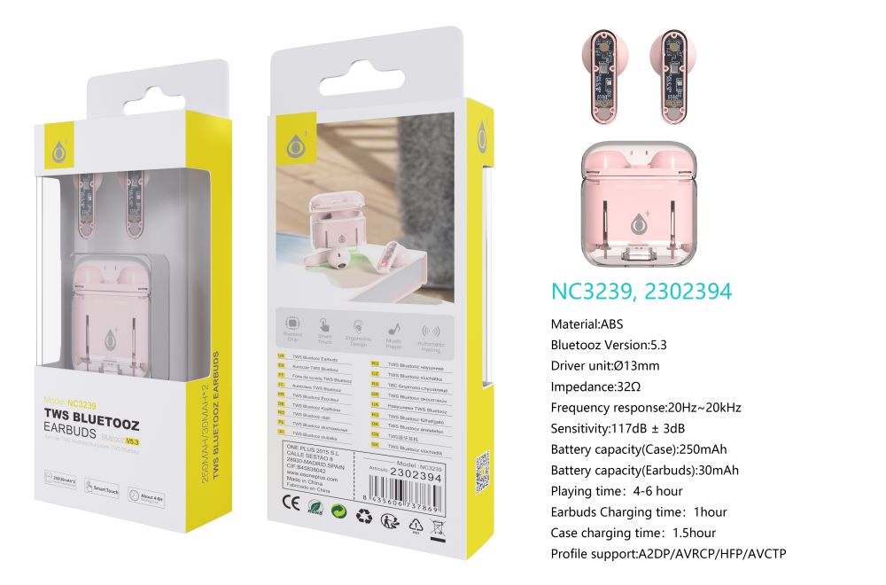 NC3239  RS Auriculares TWS Con Bluetooth 5.3, Panel Tacil, Bateria (30mAh*2)Estuche Recargable 250mA