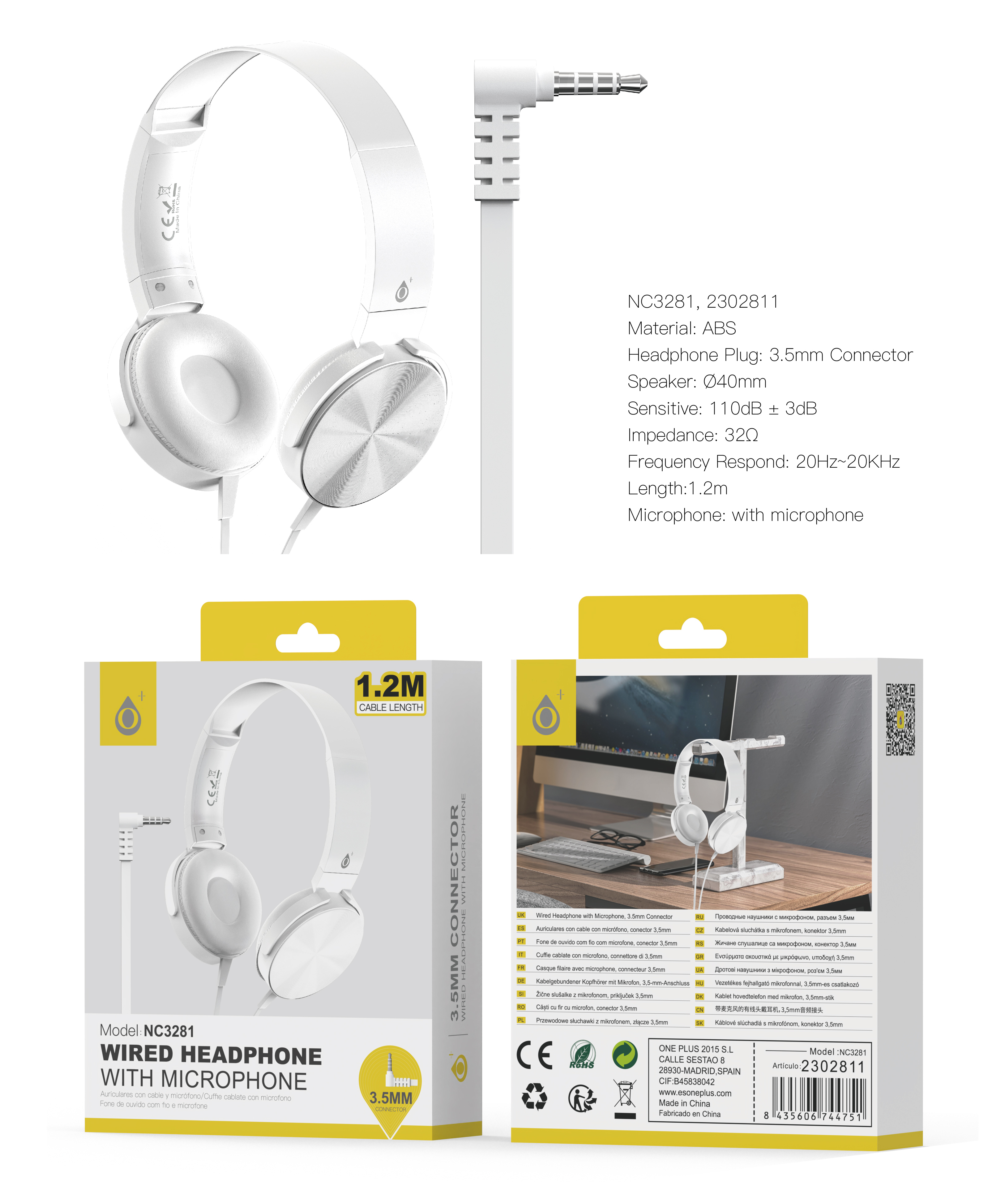 NC3281 BL Auriculares Casco Ilaria con Cable Jack 3.5mm en L y Microfono, 1.2m, Blanco