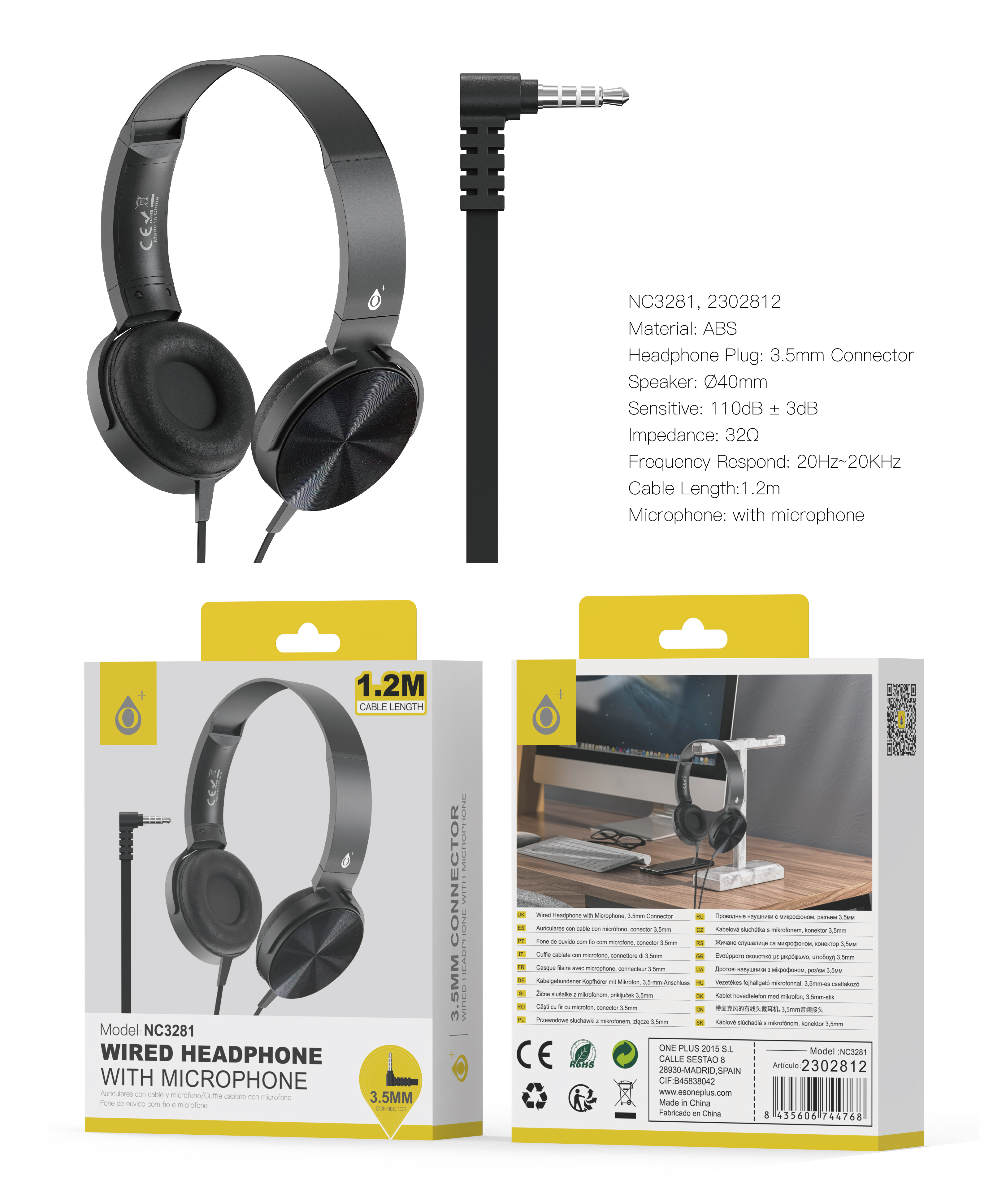 NC3281 NE Auriculares Casco Ilaria con Cable Jack 3.5mm en L y Microfono, 1.2m, Negro