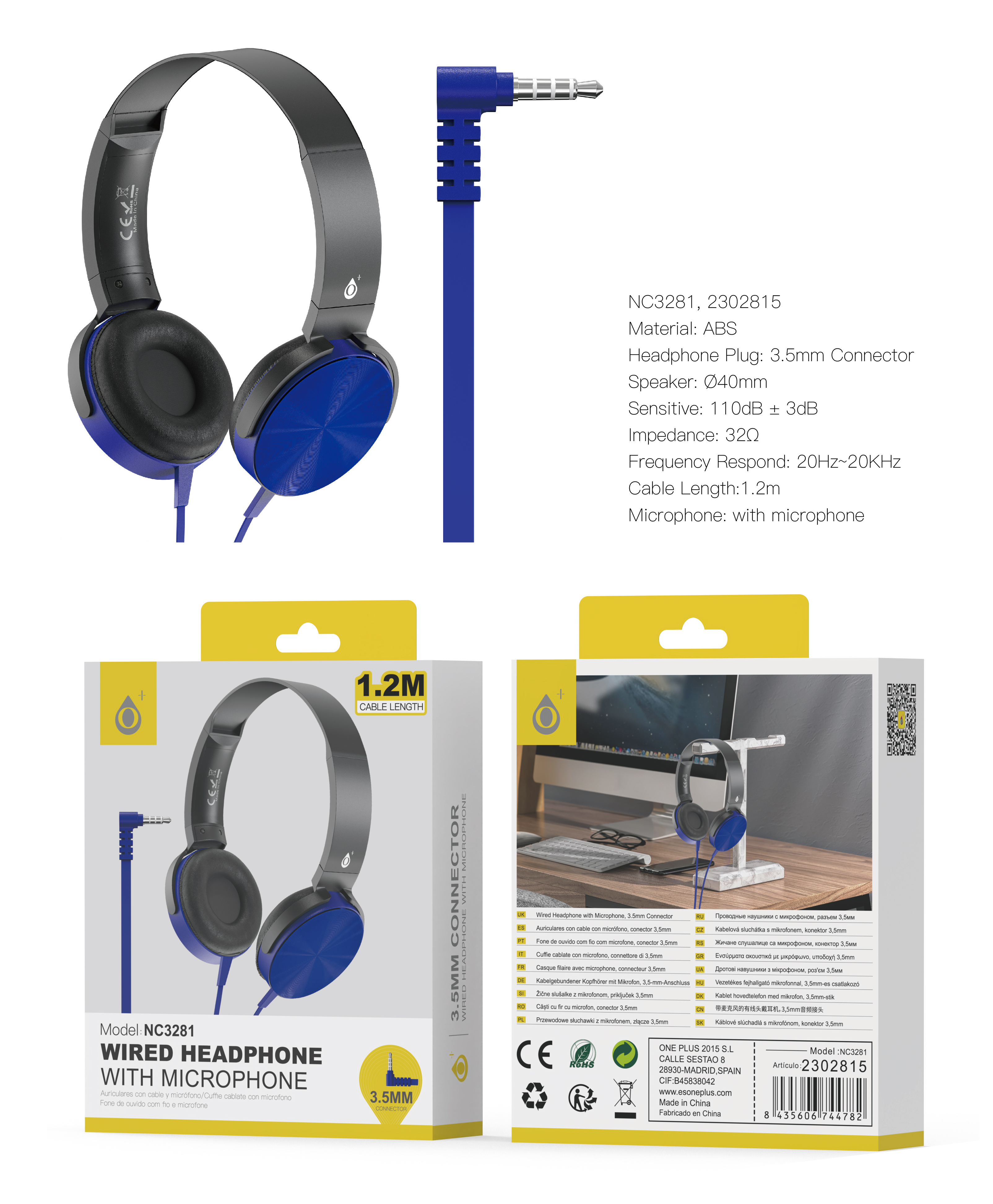 NC3281 NE+AZ Auriculares Casco Ilaria con Cable Jack 3.5mm en L y Microfono, 1.2m, Negro+Azul